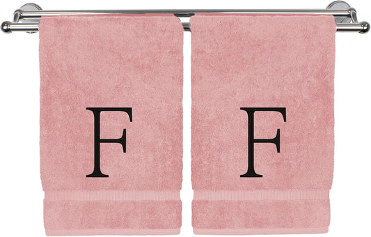 Monogrammed Hand Towel, Personalized Initial Gift, Extra Absorbent 100% Turkish Cotton - Soft Terry Finish - Set of 2 - Black Block Initial F - Embroidered on Pink Towels