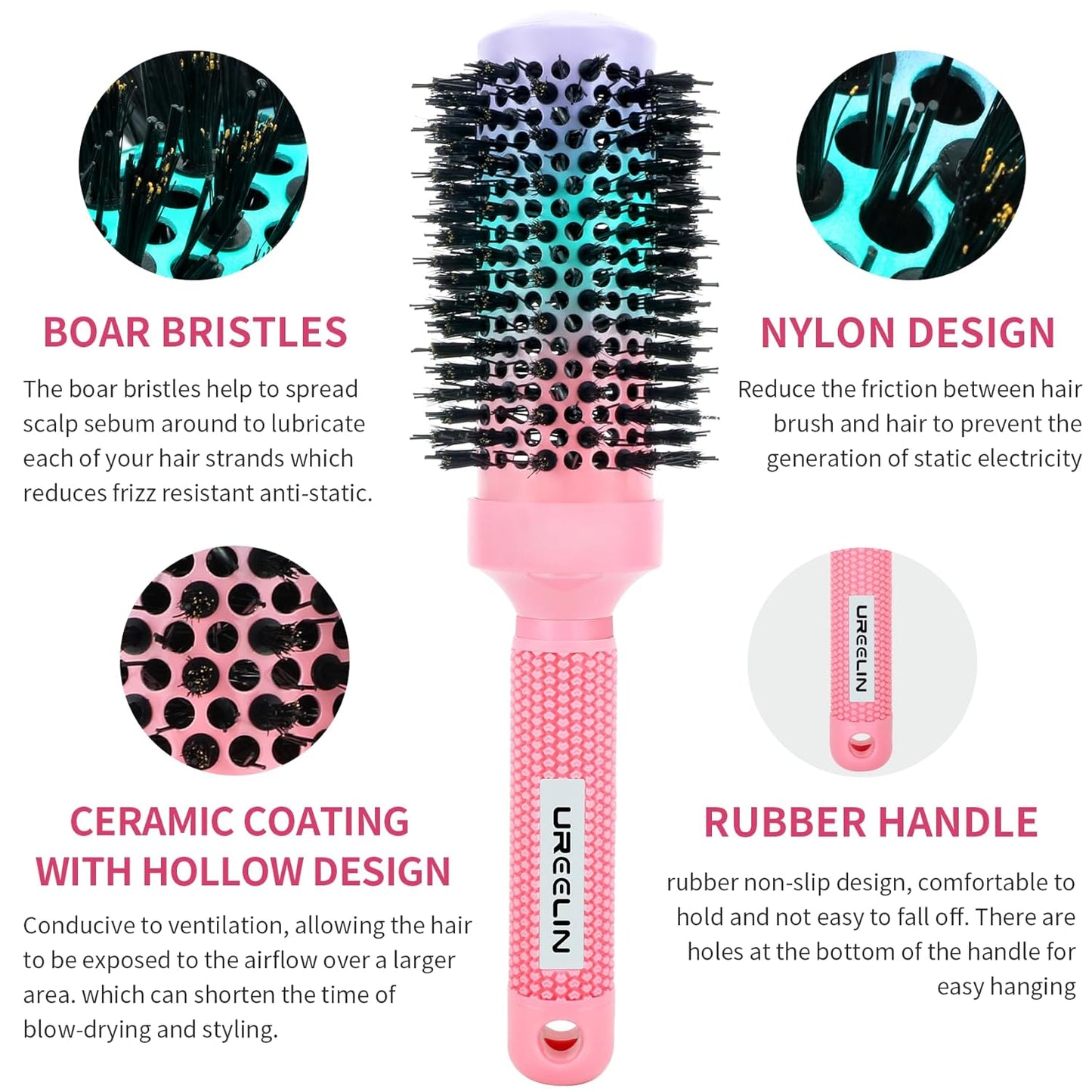 Round Brush for Blow Out - 1.7 Inch Nano Thermal Ceramic & Ionic with Boar Bristles - Salon Blow Drying Hair Brush for Drying,Volumizing, Curling, Shine & Smooth Styling