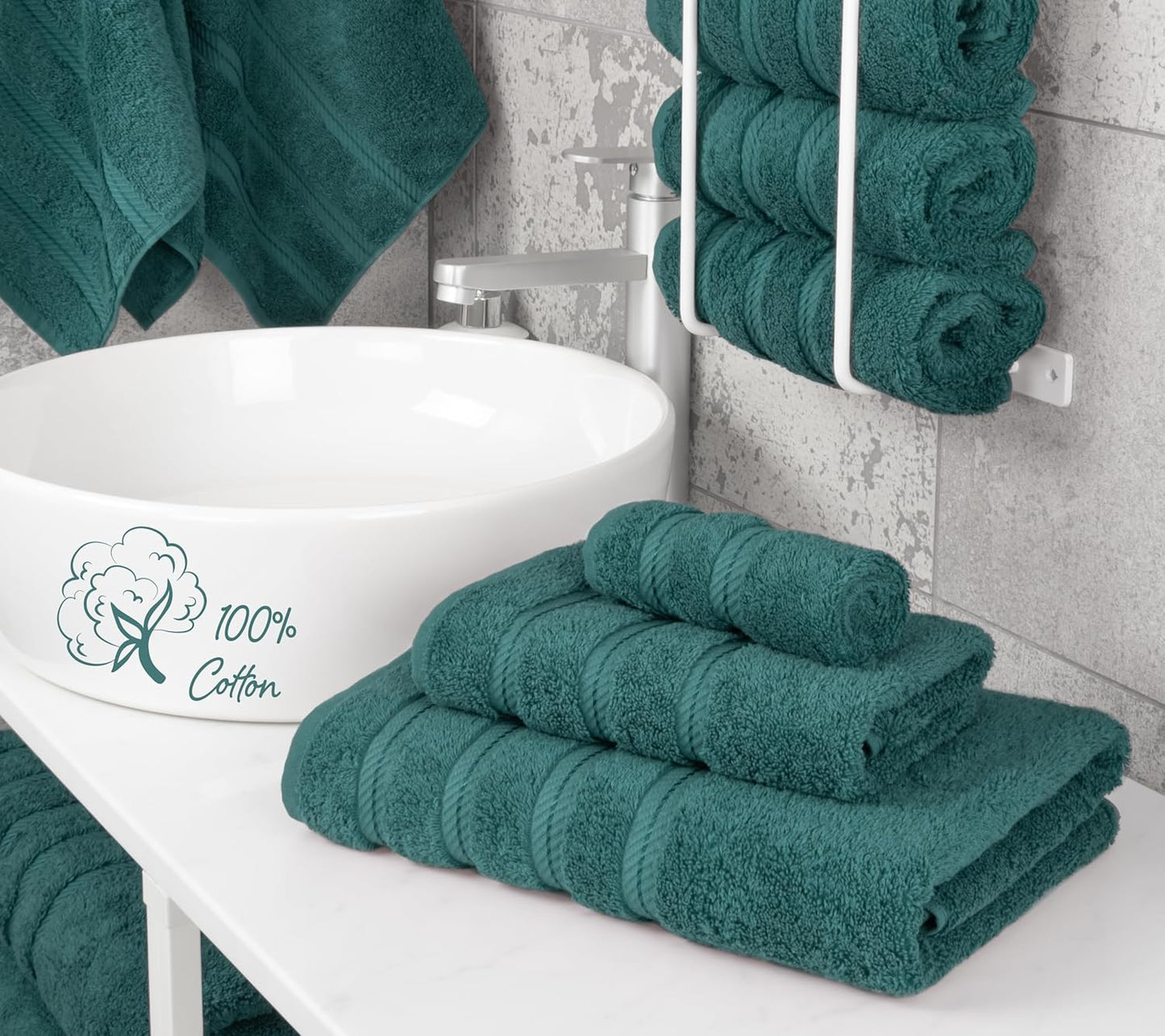 American Soft Linen Premium 3 Piece Towel Set, 1 Bath Towel 1 Hand Towel 1 Washcloth, 600 GSM 100% Cotton Turkish Towels for Bathroom, Teal Towel Set