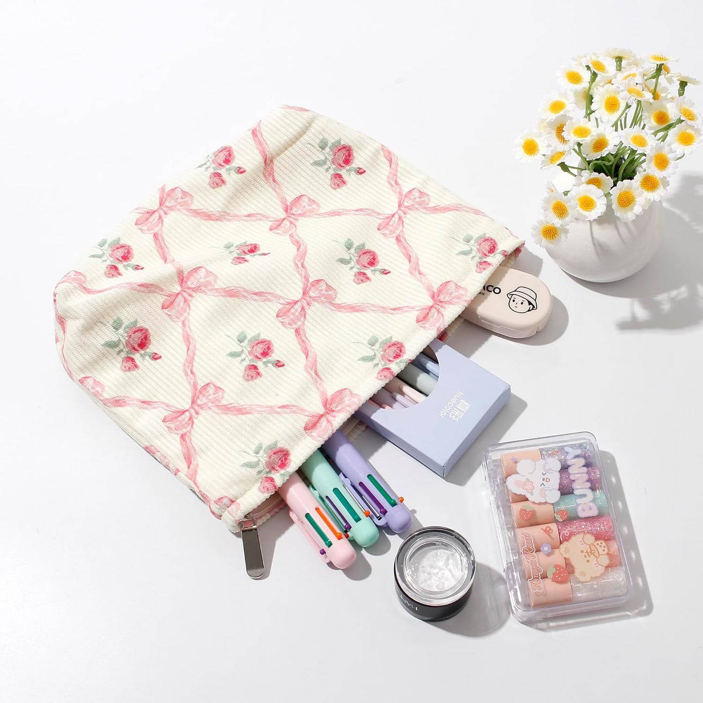 Cosmetic Bags for Women - Corduroy Cosmetic Bag Aesthetic Women Handbags Purses Smile Dots Makeup Organizer Storage Makeup Bag Girls Case Bags (Flowers-Navy blue)