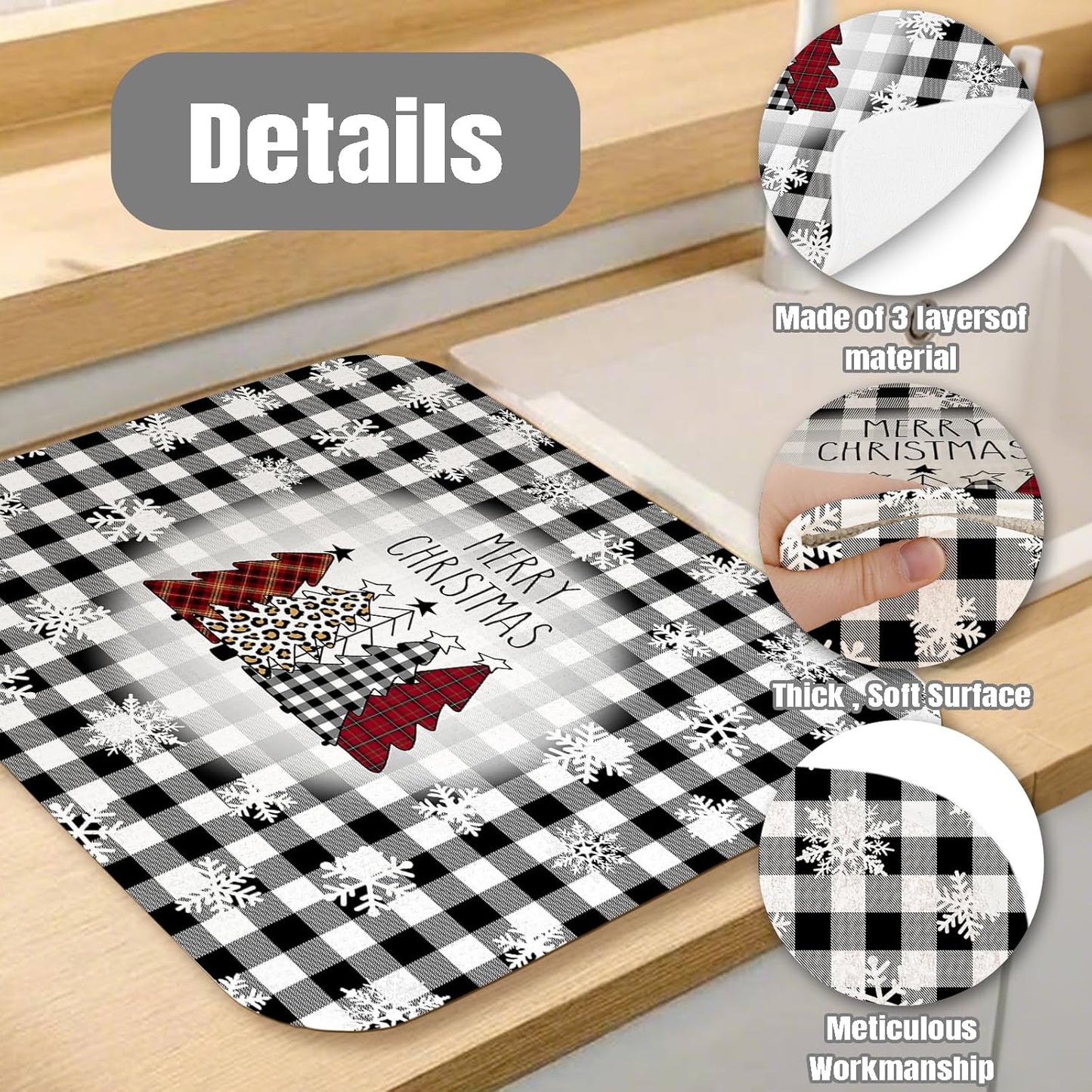Dish Drying Mat for Kitchen Counter Large 18" x 24" Buffalo Plaid Christmas Tree Absorbent Microfiber Dishes Drainer Rack Mats Pad Reusable Washable