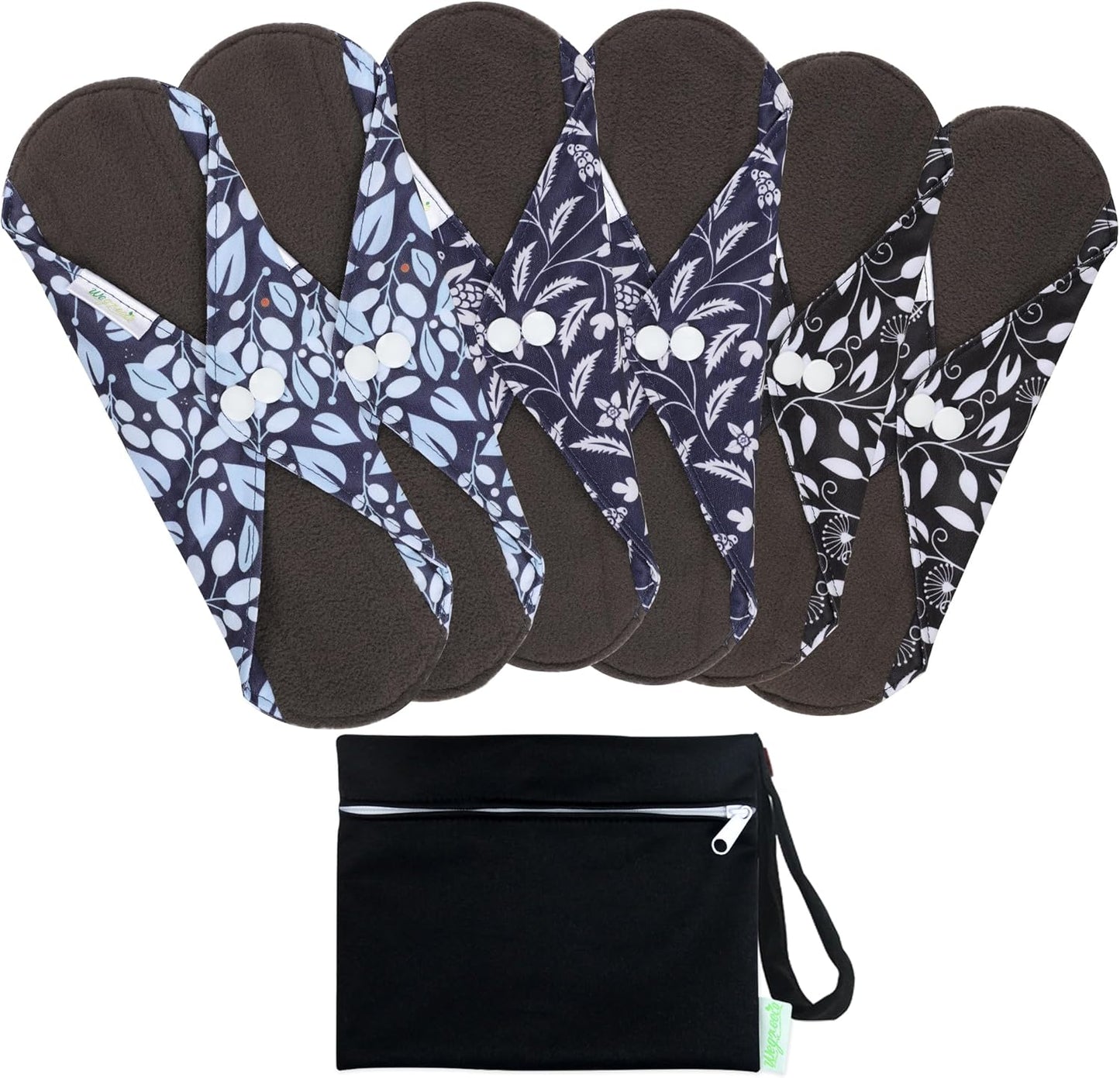 wegreeco Reusable Menstrual Pads - Reusable Sanitary Pads | Reusable Panty Liners | Soft Cloth Menstrual Pads - 6 Pack with 1 Cloth Mini Wet Bag (Large, Leaves 02)