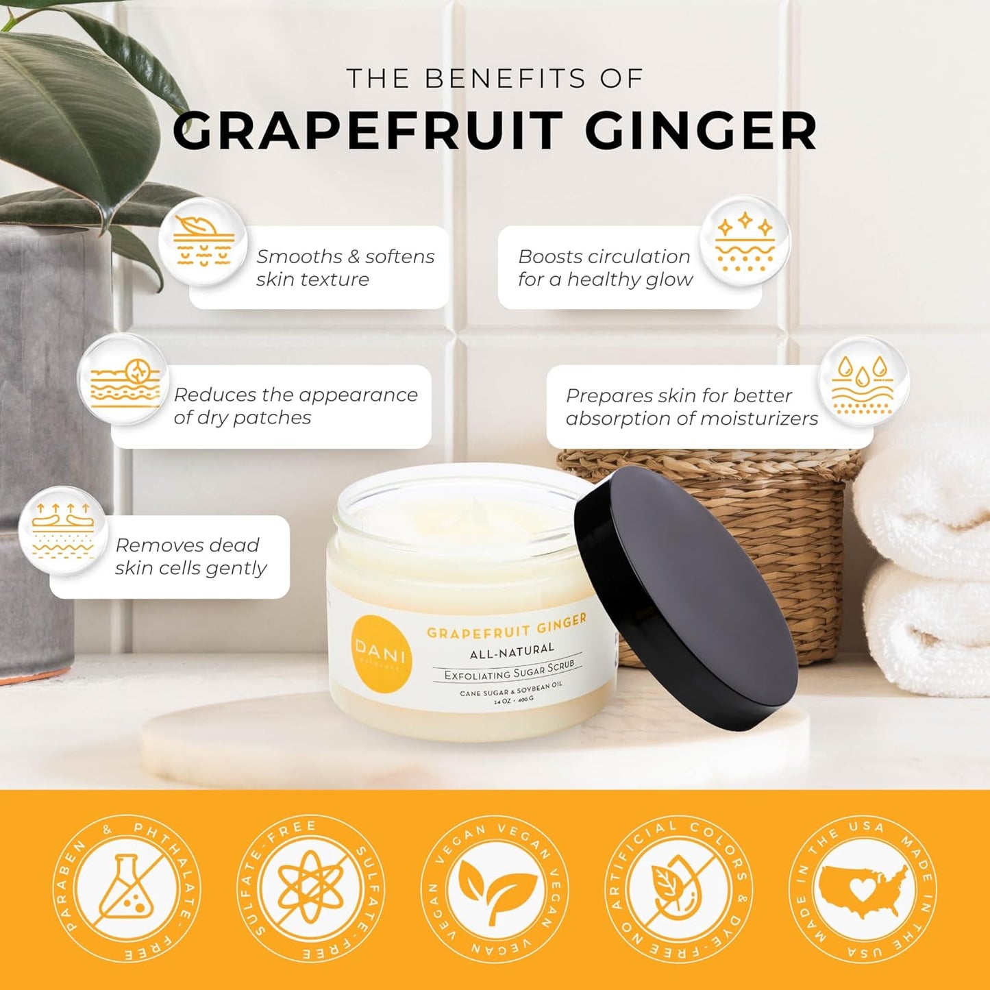DANI Naturals Sugar Scrub - Gently exfoliates with organic cane sugar, leaving skin soft and radiant. Infused with grapefruit and ginger, it deeply moisturizes. 14 oz