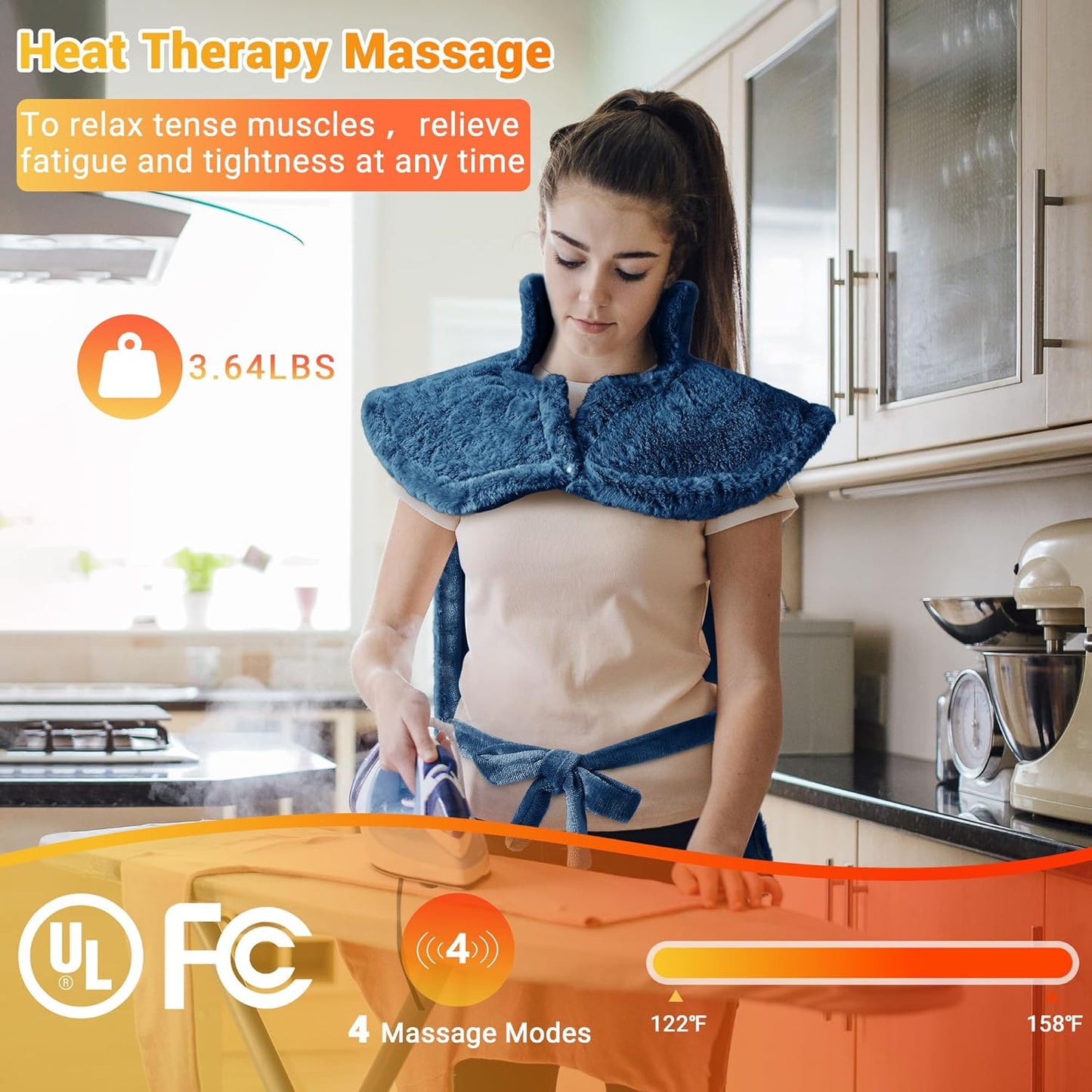 Massaging Heating Pad for Neck and Shoulders and Back, 24" x 35" Large Electric Heating Pad for Back Pain Relief with 3 Heat Levels, 4 Massage Settings, 2H Auto Shut-Off, 4 Massage Motors,Blue