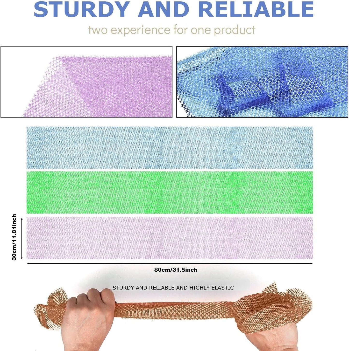 UJFQBH 3 Pieces African exfoliating net African Net Long Net Bath Sponge Exfoliating Shower Body Scrubber Back Scrubber Skin Smoother,Great for Daily Use (Purple, Blue, Green)