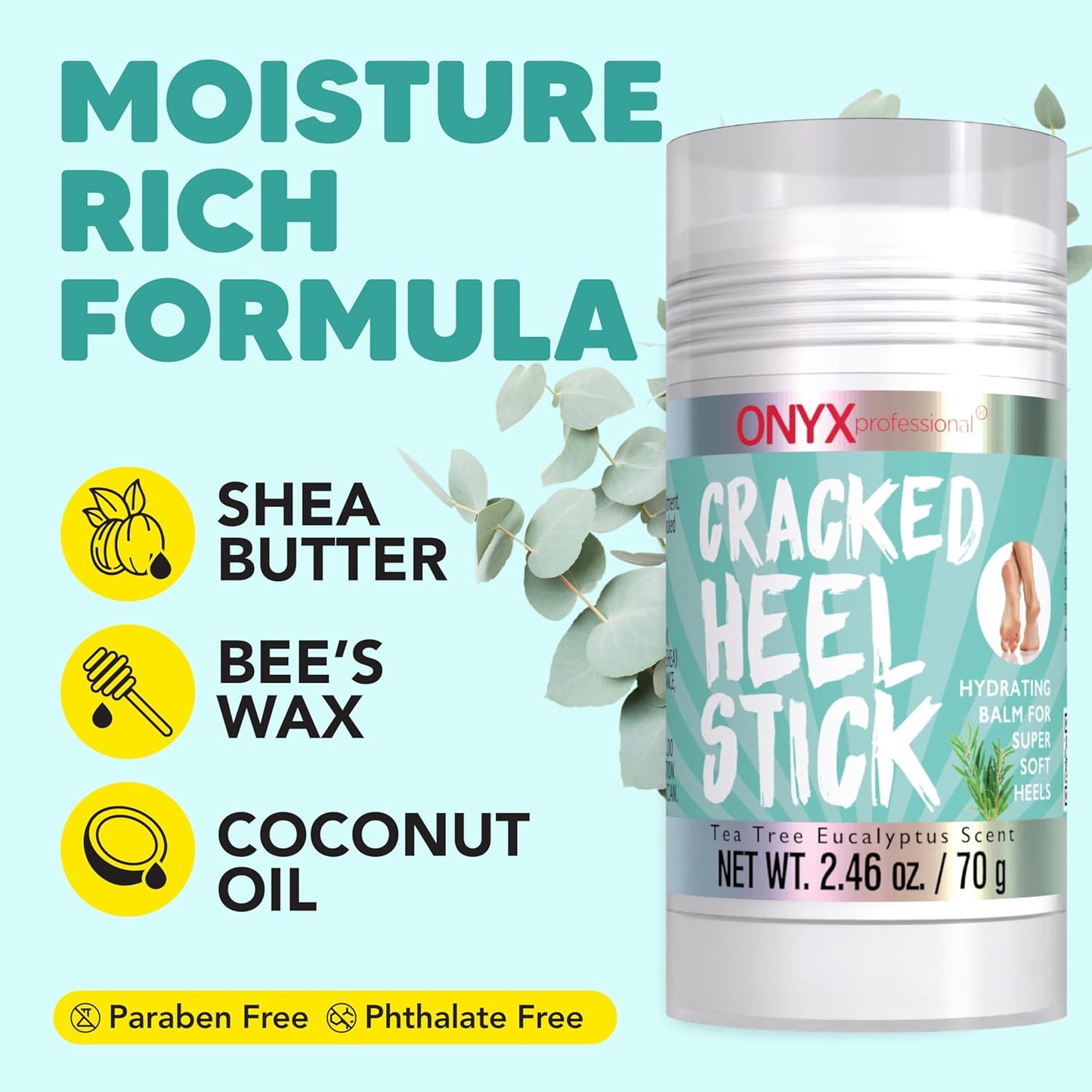 Onyx Professional Cracked Heel Repair Balm Stick, Tea Tree Eucalyptus Scent, 1 Pack - Dry Heels Dry Cracked Feet Treatment, Moisturizing Heel Balm Rolls On, No Mess Like Foot Cream or Foot Lotion