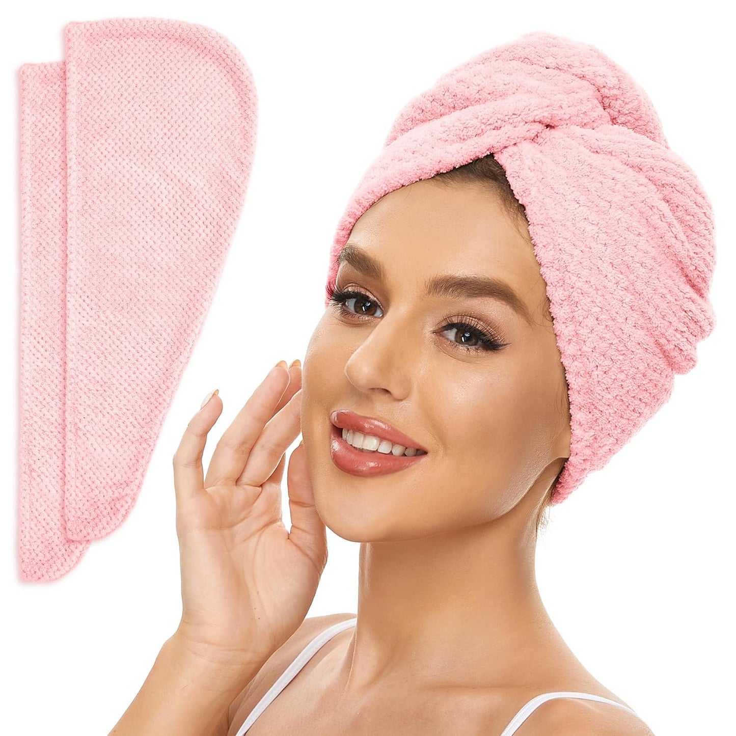 2 Pack Microfiber Hair Towel Wrap for Women, Anti Frizz Quick Drying Hair Turban for All Hair Style, Absorbent and Lightweight (Pink)