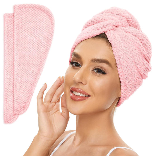 2 Pack Microfiber Hair Towel Wrap for Women, Anti Frizz Quick Drying Hair Turban for All Hair Style, Absorbent and Lightweight (Pink)