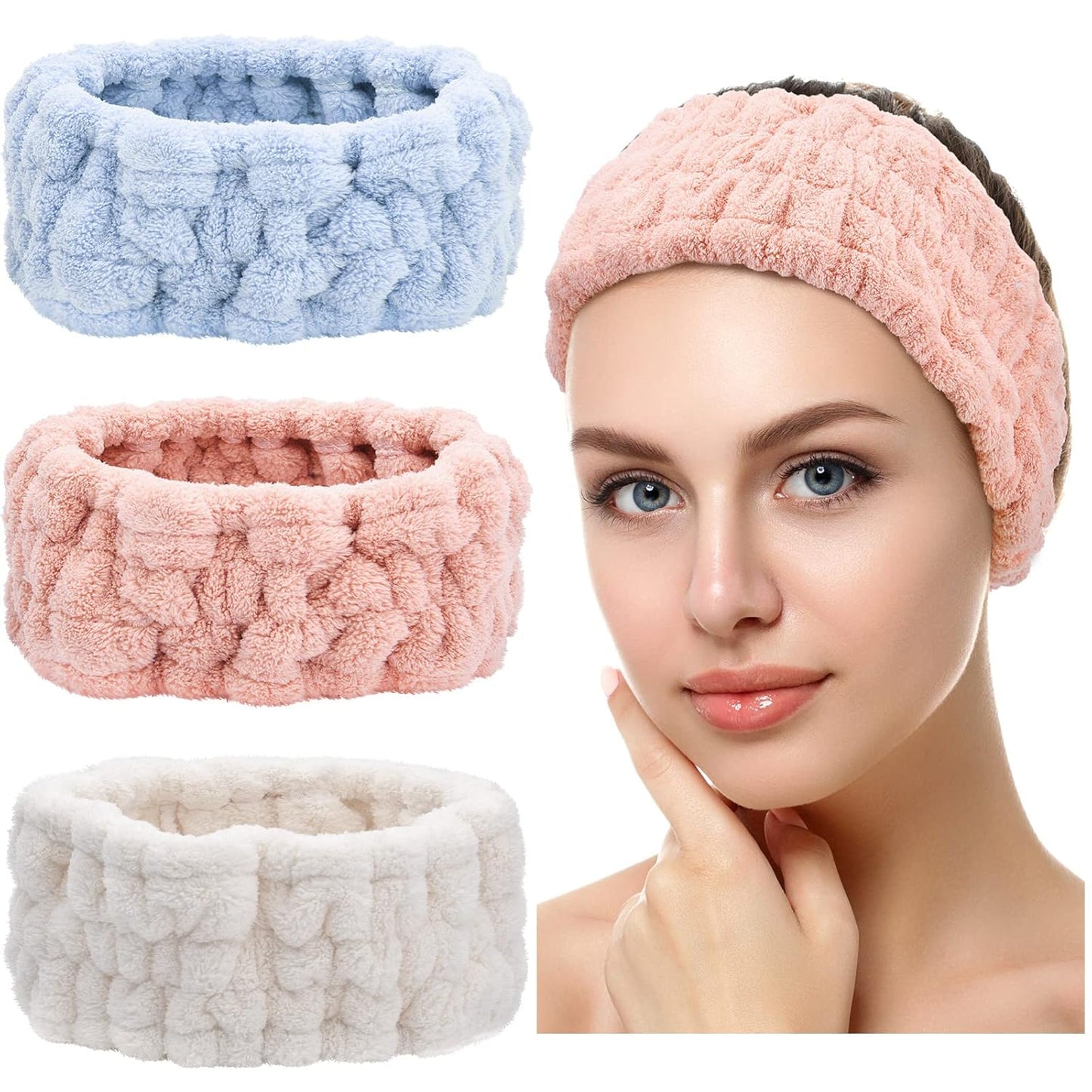 Chuangdi 3 Pieces Spa Headband for Women Facial Makeup Headband Soft Terry Cloth Hairband for Washing Face Mask Spa Shower Gifts(Blue, Pink, White)