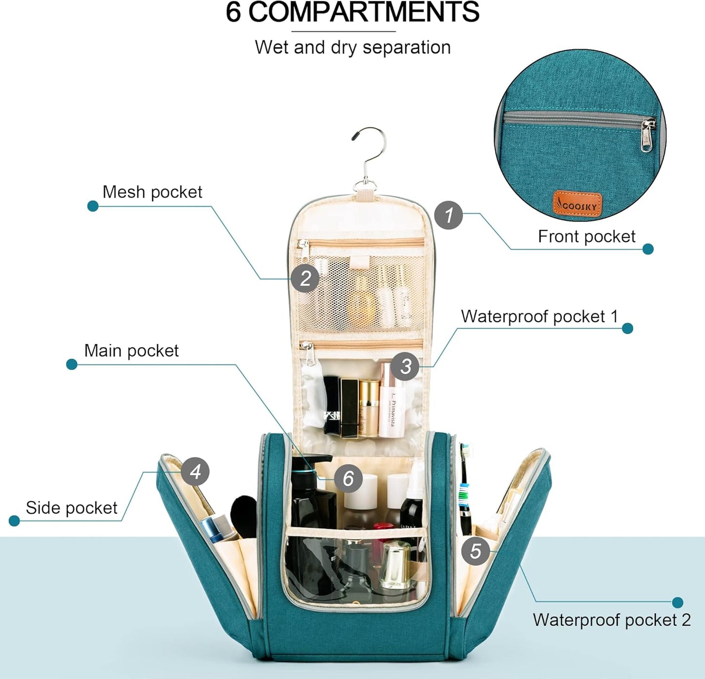 Hanging Travel Toiletry Bag for Women and Men, 6 Organizer Compartments, Extra Large Toiletries Bag, Bathroom Cosmetic Bag, Water-resistant Makeup Bag, Holds Full-Size Shampoo, Blue