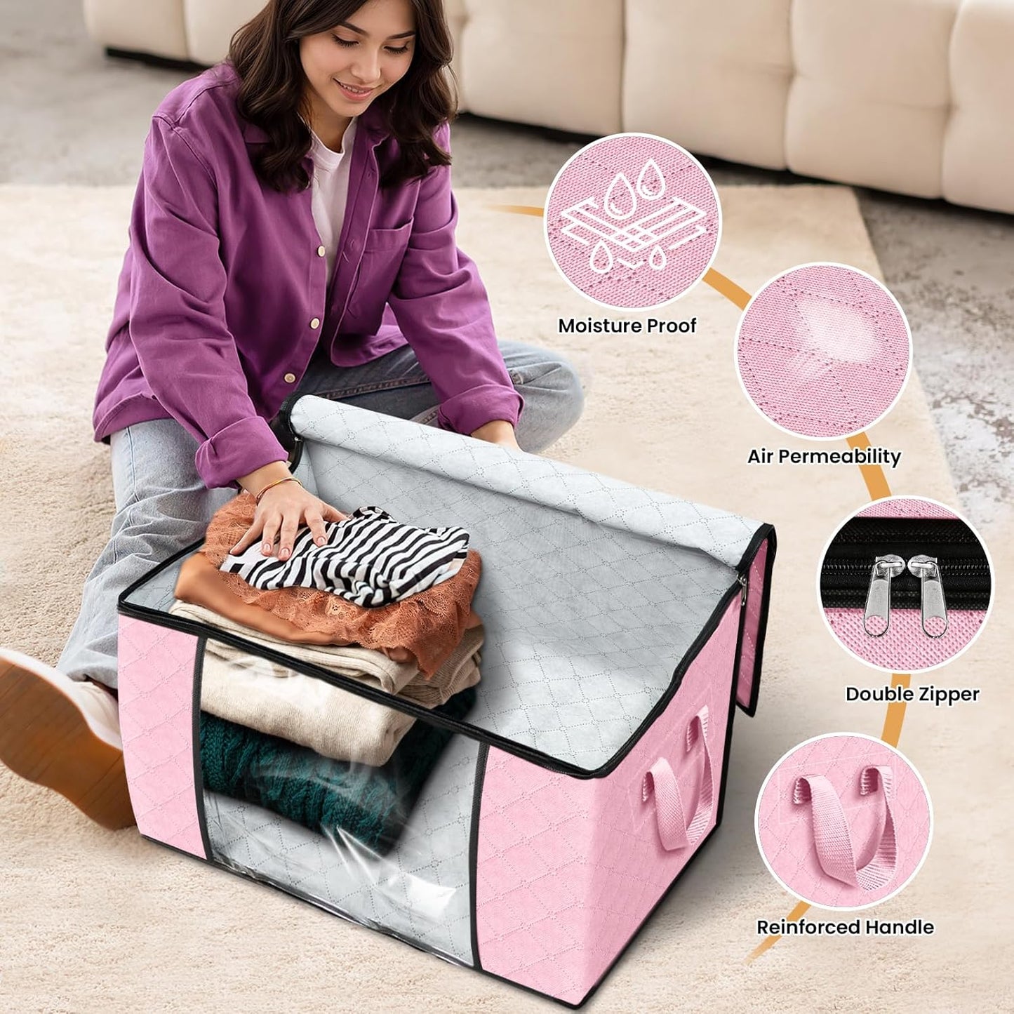 Fab totes 24 Gallons Clothes Storage, Foldable Thick Fabric Blanket Storage Bags, Containers for Organizing Bedroom, Closet, Clothing, Comforter, Organization with Handle (3 Pack,Pink)