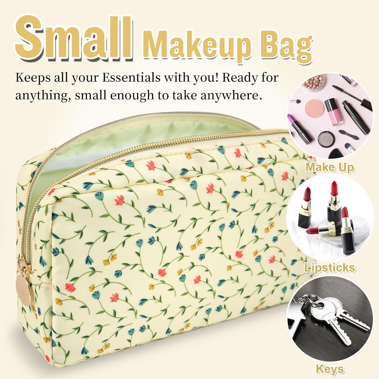 Nylon Small Floral Makeup Bag for Purse, Cute Preppy Makeup Bag Cosmetic Zipper Pouch Purse, Waterproof Portable Travel Toiletry Makeup Brush Bag Organizer Storage for Women Girls(Light Yellow-Flower)