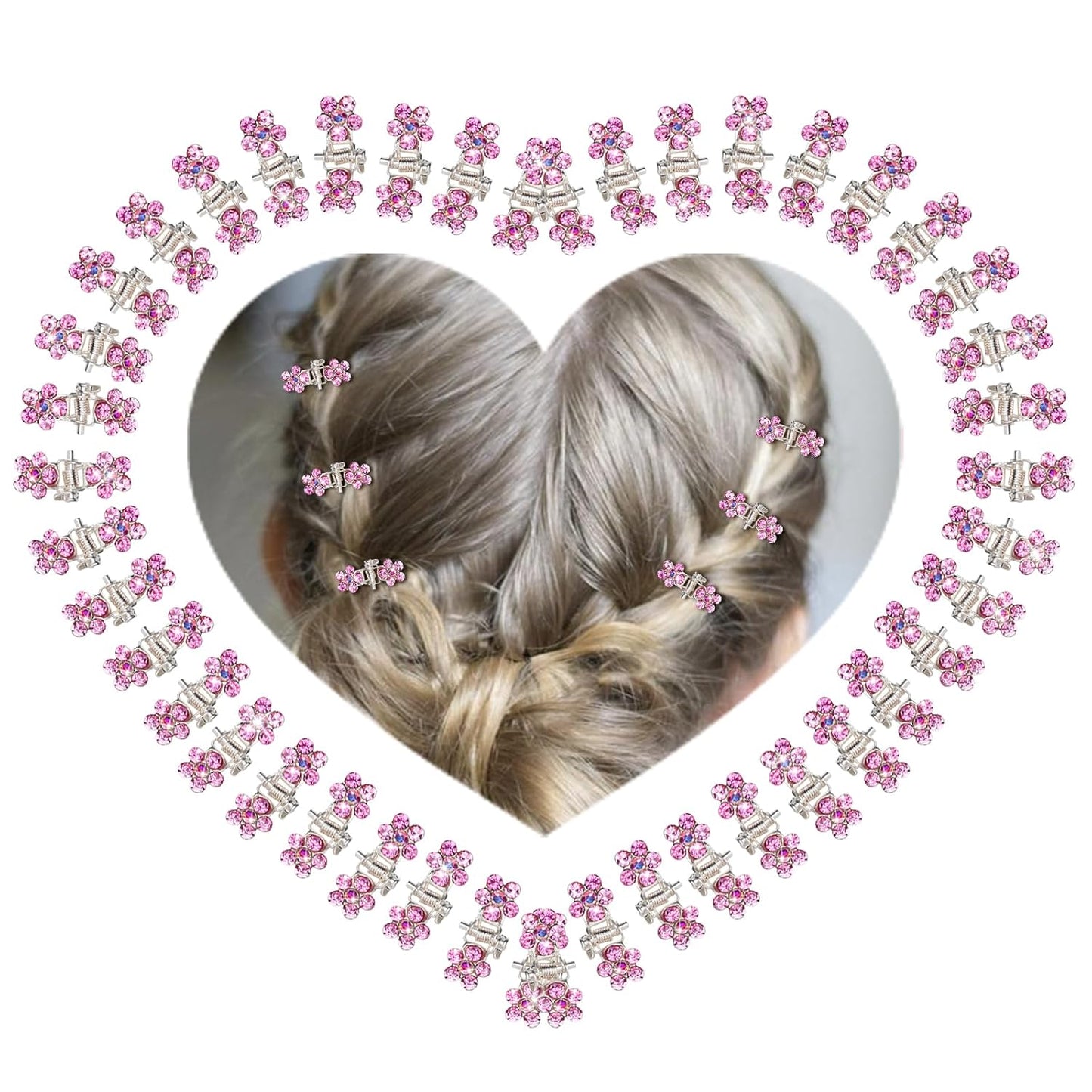 65PCS Mini Pink Flower Hair Clips with Rhinestone Mini Glitter Teeth Rhinestone Flower Hair Accessories - No-Slip Grip Metal Jaw Clamps for Girls Women (Silver-Pink Crystal)