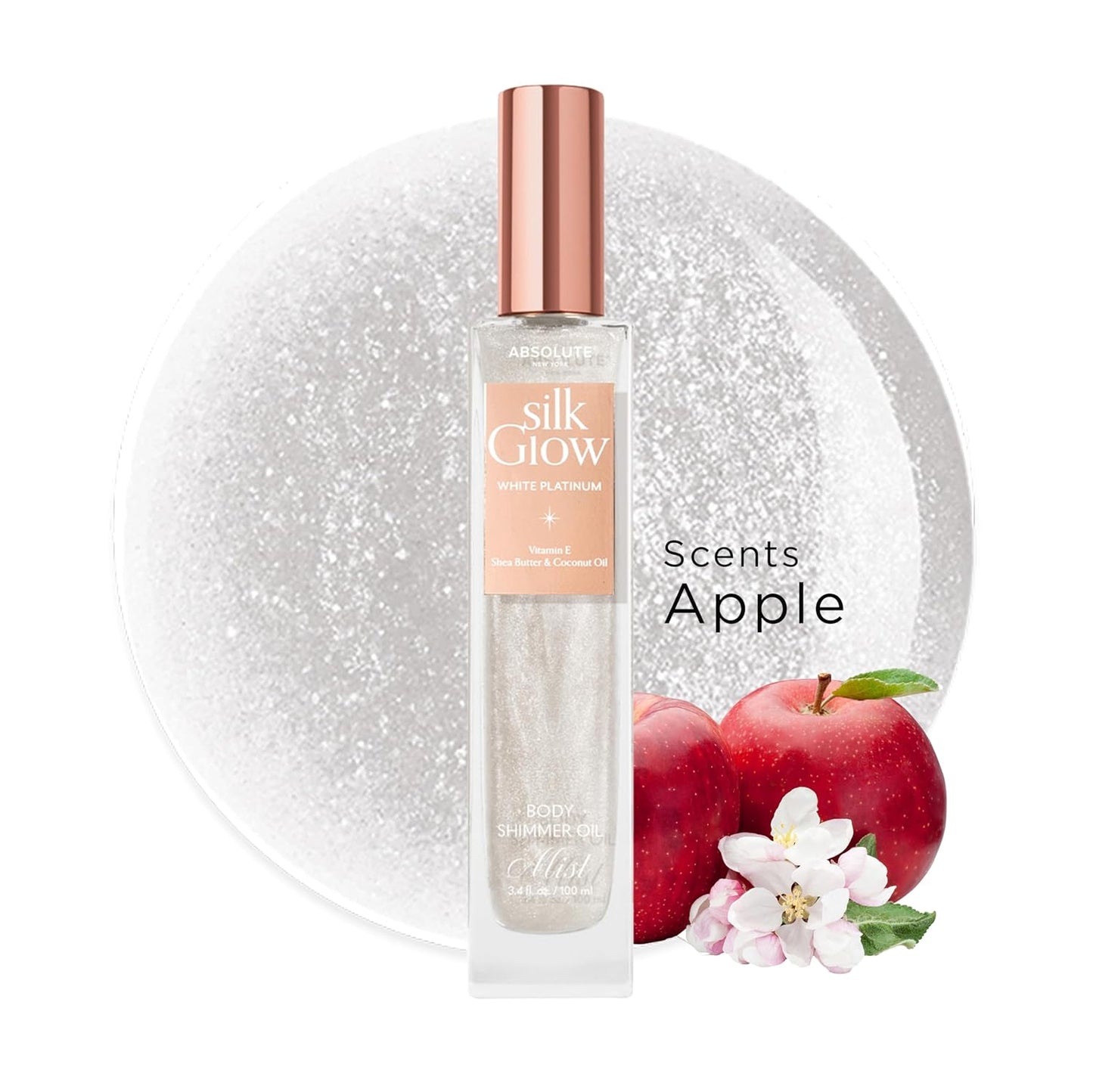 Absolute New York - Silk Glow Shimmer Mist Glow, Radiant, Shimmer Body & Face & Hair, Shea Butter, Coconut Oil, Vitamin E (SBGS01 White Plantinum Mist, 3.4 fl oz)