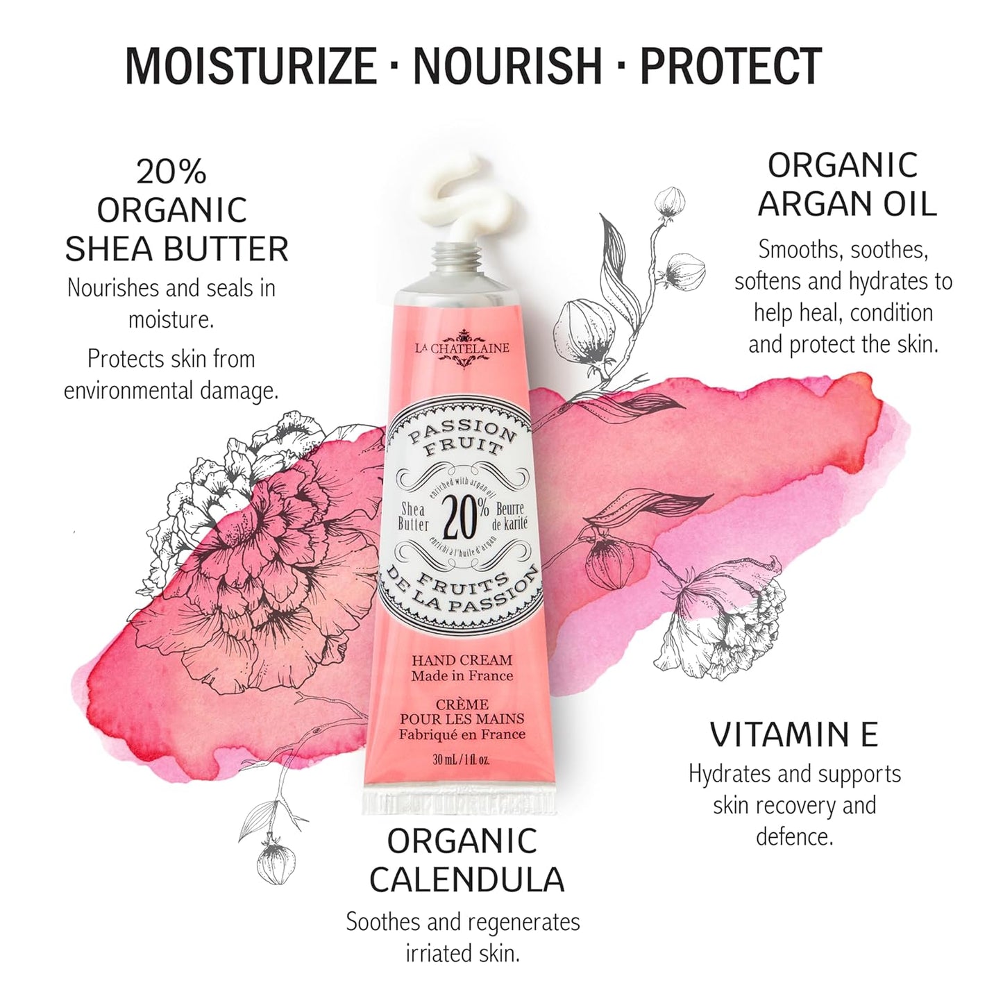 La Chatelaine 20% Shea Butter Hand Cream Travel Size, Organic Argan Oil, Moisturizing, Nourishing, Repairing, Extra-Rich Hand Lotion, Made in France, Paraben Free, 1 oz / 30ml (Passion Fruit)