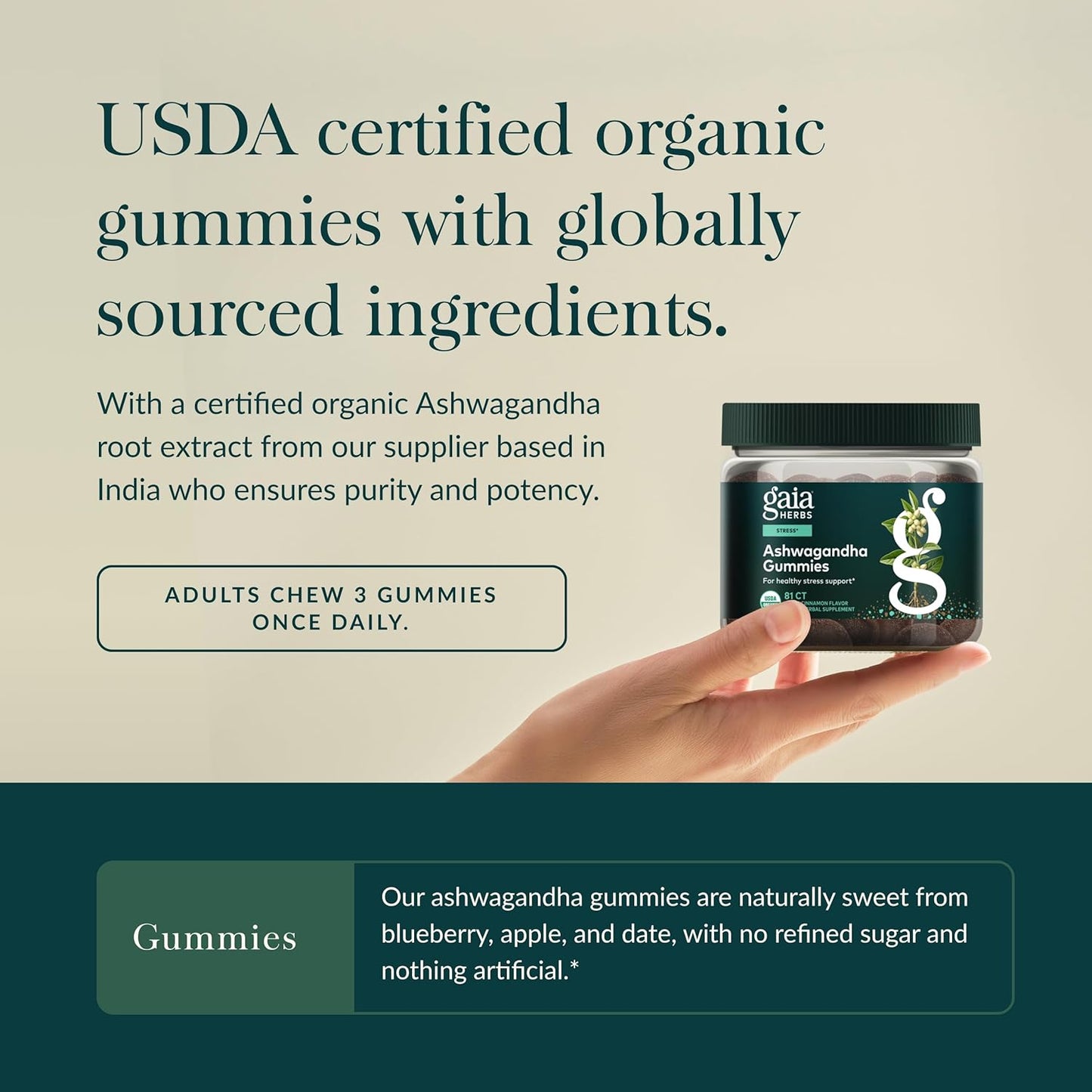 Gaia Herbs Organic Ashwagandha Gummies, Stress Support, Cinnamon, Ginger, Gluten Free, Vegan, 81 Count