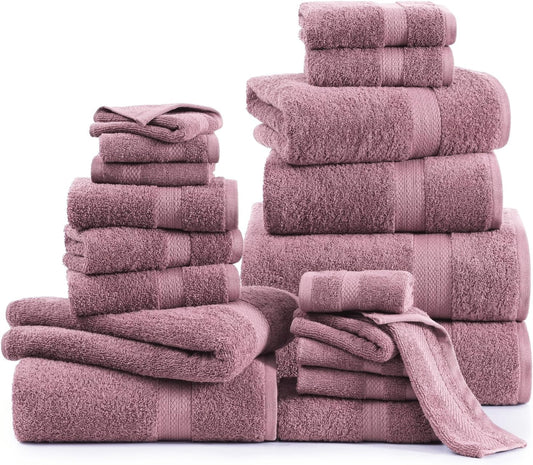 LANE LINEN 100% Cotton Bathroom Towel Set - 24 Pc- Ring Spun, Soft & Absorbent - 2 Bath Sheets, 4 Fingertip, 4 Bath, 6 Hand Towels, 8 Washcloths - Remains Fluffy Even After Washing - Wishful Mauve