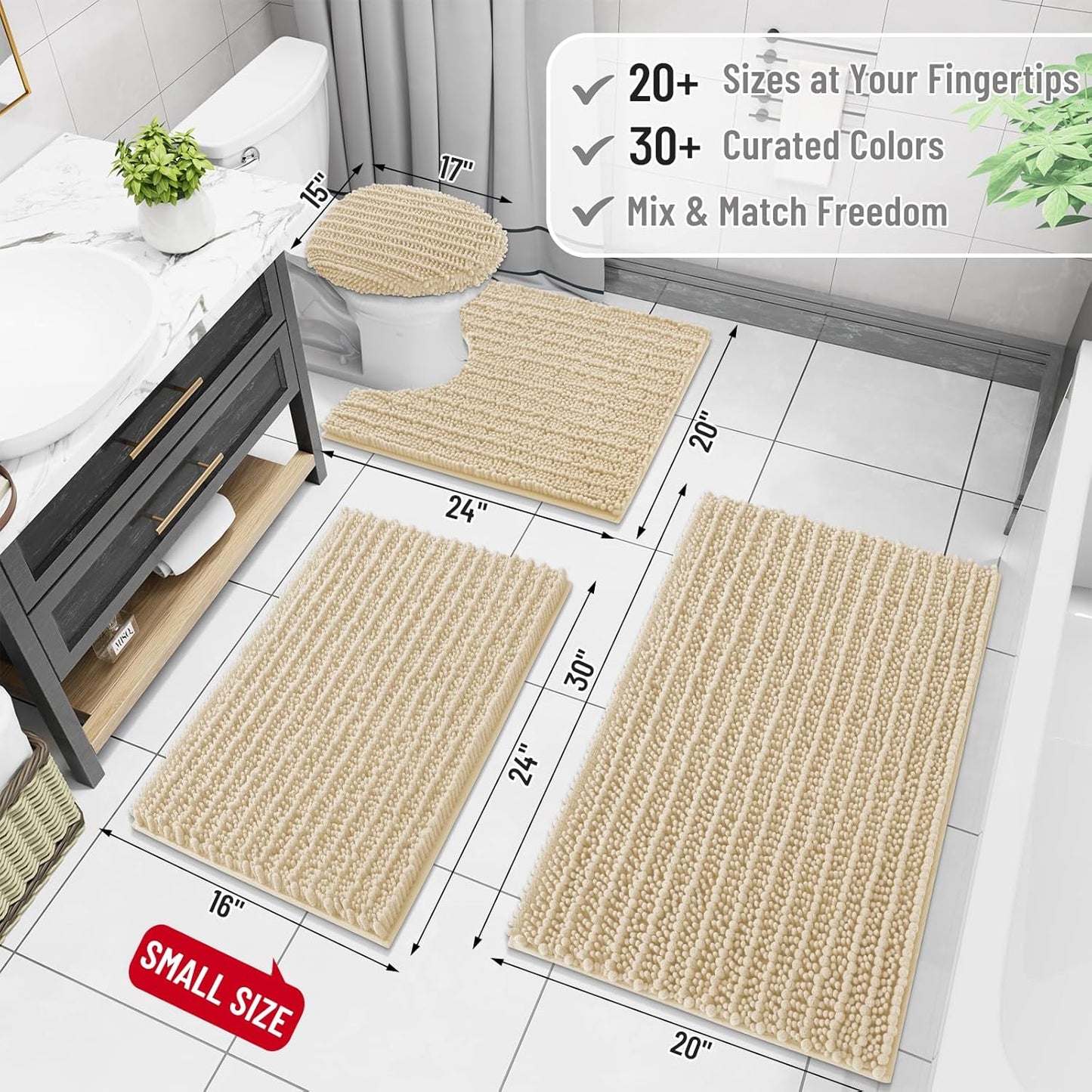 Arotive Luxury Chenille Bathroom Rug Mat, Extra Soft Thick Absorbent Shaggy Bath Rugs, Non-Slip Machine Wash Dry, Plush Bath Mats for Bathroom, Shower and Tub, 47x24, Cream Beige