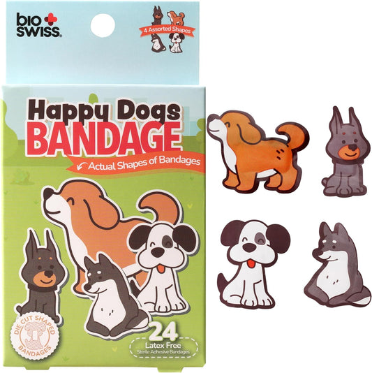 BioSwiss Kids Bandages, Dog Shaped Self Adhesive Bandage Set, Latex Free, Sterile Wound Care, 24 Count