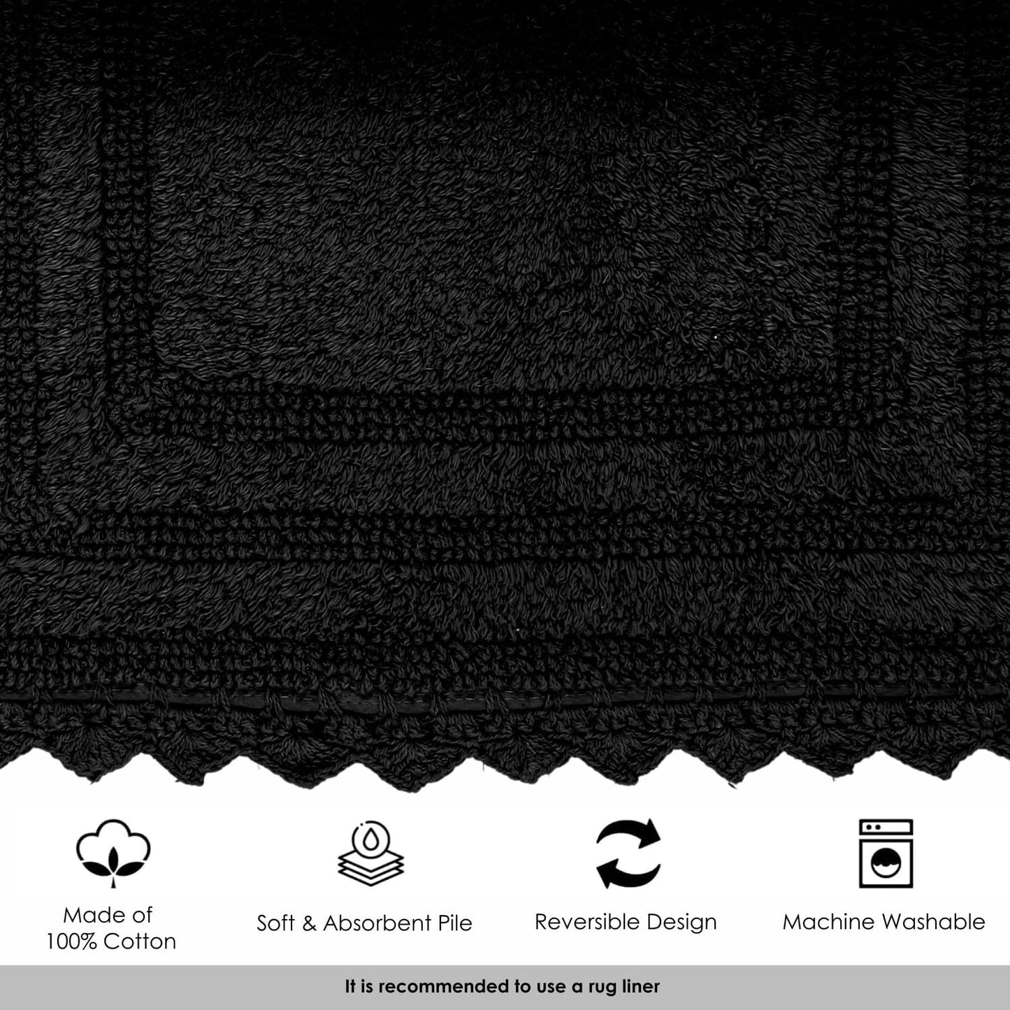 RAJRANG Black Cotton Bath Mat | Rectangle 34x21 Inches Soft Reversible Boho Rug with Crochet Detailing for Bathroom, Kitchen, or Spa | Absorbent and Washable Floor Mat