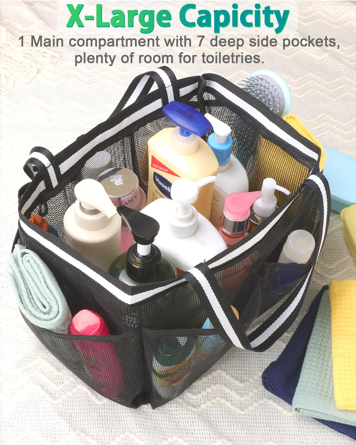 XL Mesh Shower Caddy Portable Shower Bag for College Dorm Camping Travel Gym(Black)