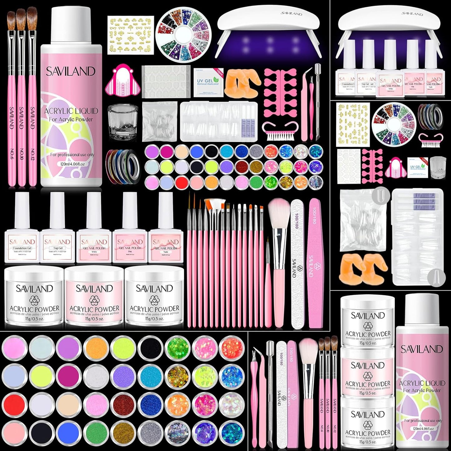 SAVILAND Acrylic Nail Kit with Everything: Professional Nails Kit Acrylic Set for Beginner Acrylic Powder Acrylic Liquid Gel Polish Kit U V Light Acrylic Nail Set Full Acrylic Nail Supplies Home Salon