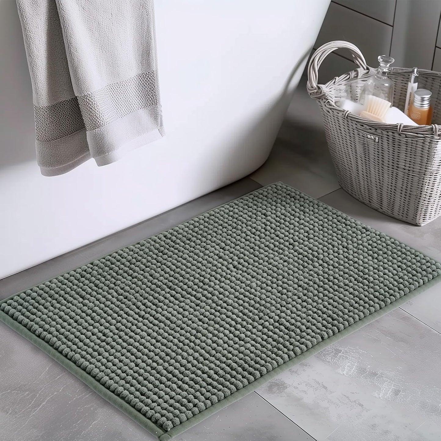 FRESHMINT Thick Chunky Chenille Bath Rugs 20"x32", Non Slip Bath Mat, Soft Bathroom Decor, Cute Shower Mat, Water Absorbent, Washable, Sage Green