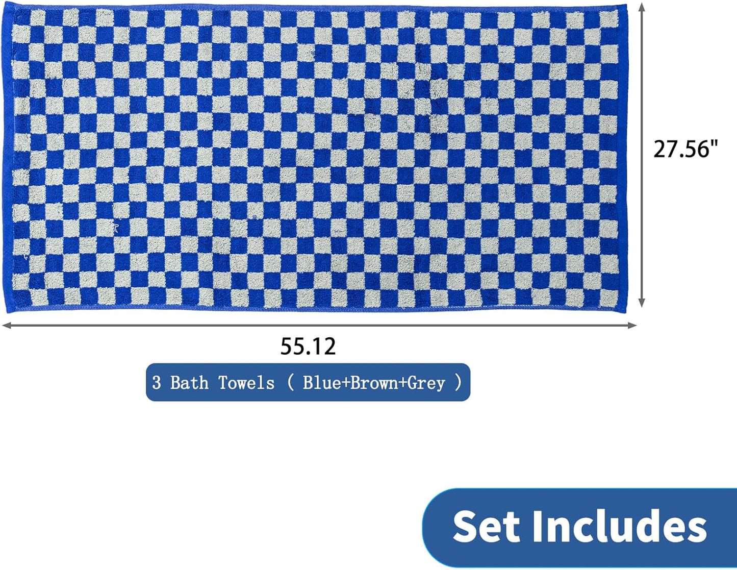 Checkered Bath Towel Set of 3, 100% Cotton Bath Towels Large, 520GSM, 55.12"*27.56", Luxury Shower Towels for Bathroom, Soft Absorbent Quick-Dry（Midnight Blue+Brown+Grey）