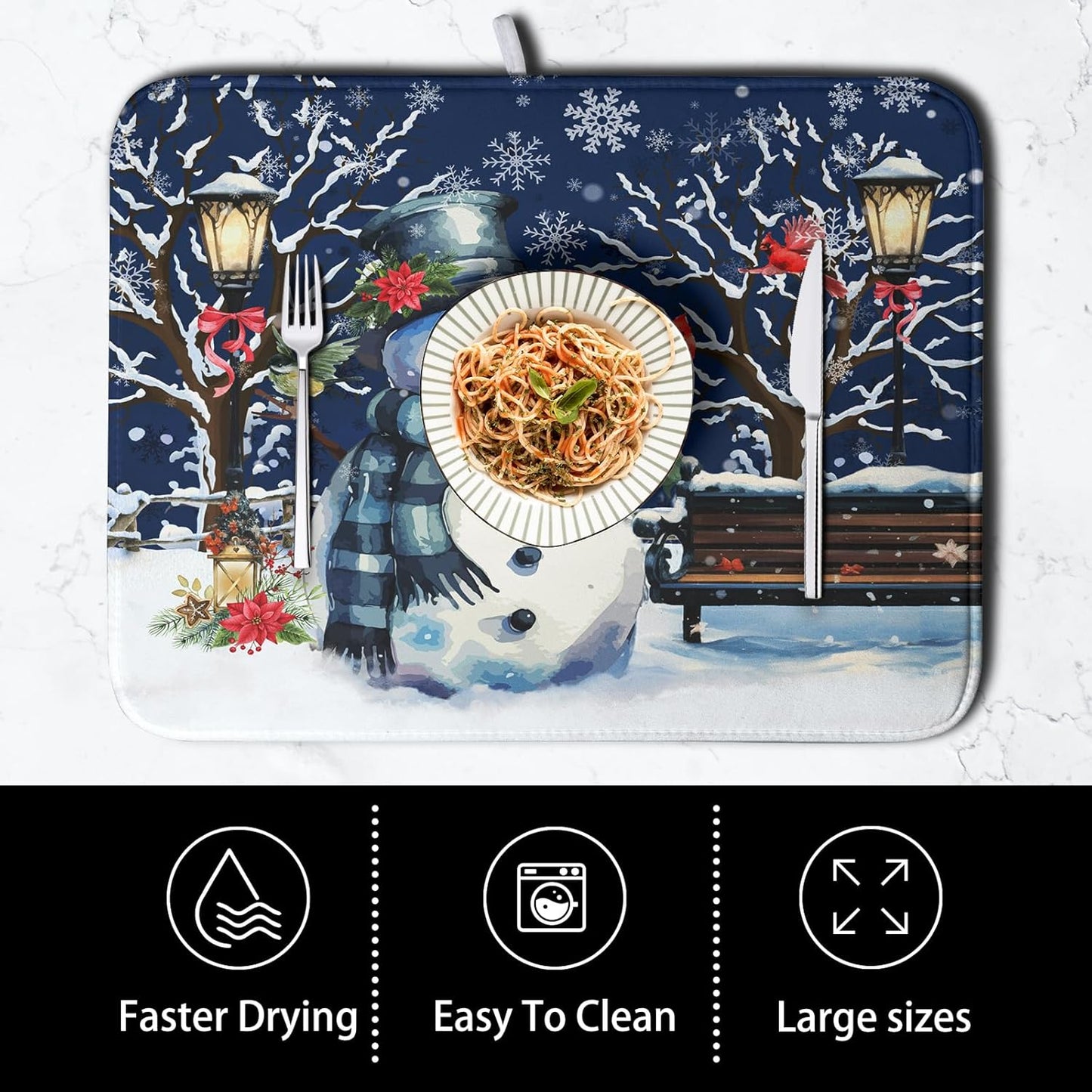 Winter Snowman Dish Drying Mat for Kitchen Counter 18x24, Xmas Snowflakes Dish Drainer Mat Snowy Night Drying Kitchen Mats Cardinal Birld Dish Pad Absorbent Reversible Coffee Mats for Dishes