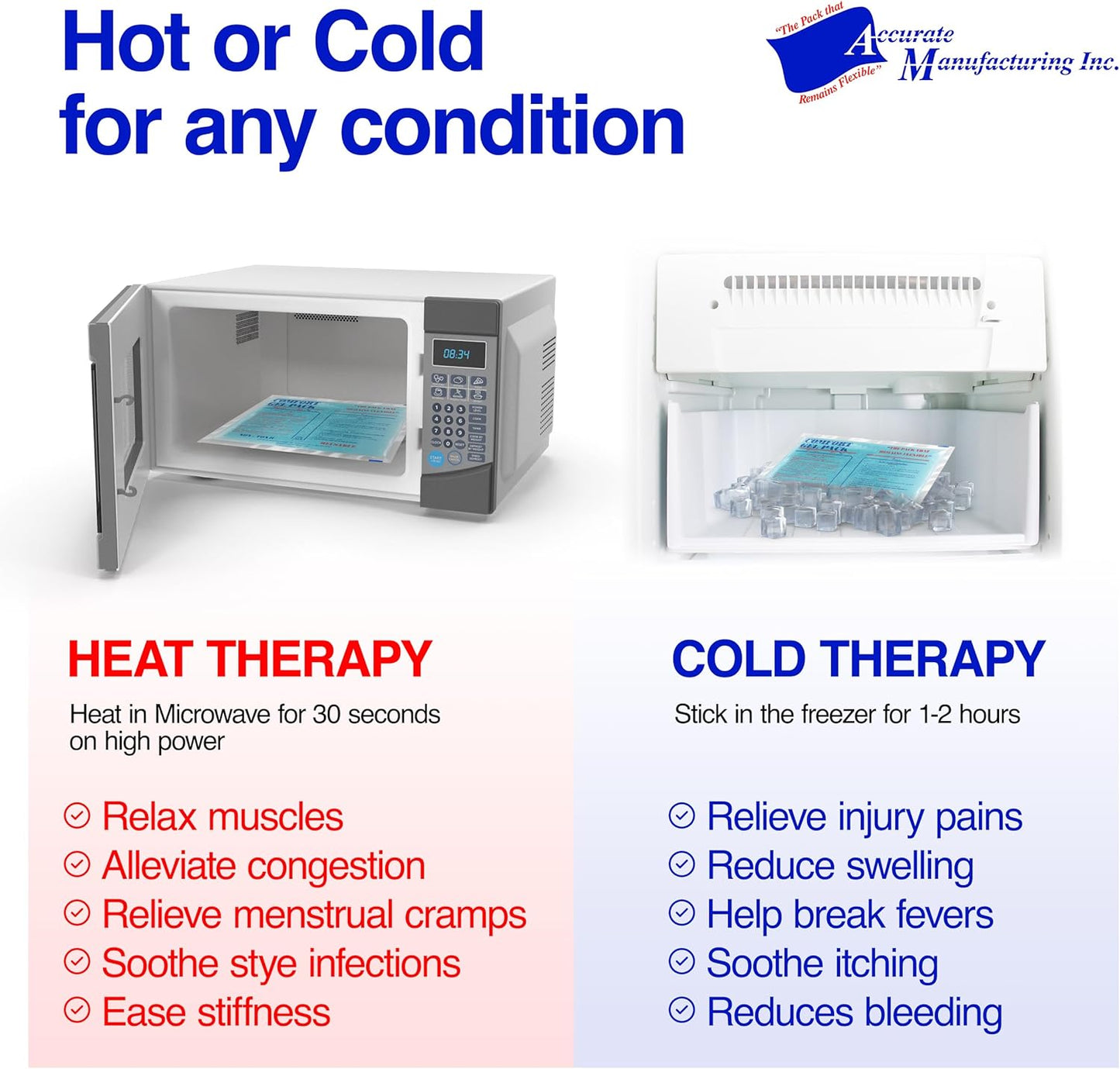 Flexible Reusable Gel Packs for Neck, Wrist, Arm, Back and Shoulder Pain Relief - Versatile Hot or Cold Gel Packs for Injuries, Sore Muscles or Toothache Pain Relief, Blue, 6" x 10", 2 Pack