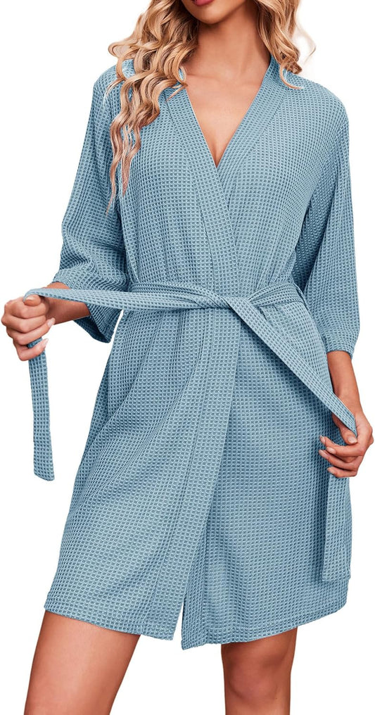 Ekouaer Robes for Women Waffle Knit Bathrobe Soft Lightweight Knee Length Loungewear S-XXL
