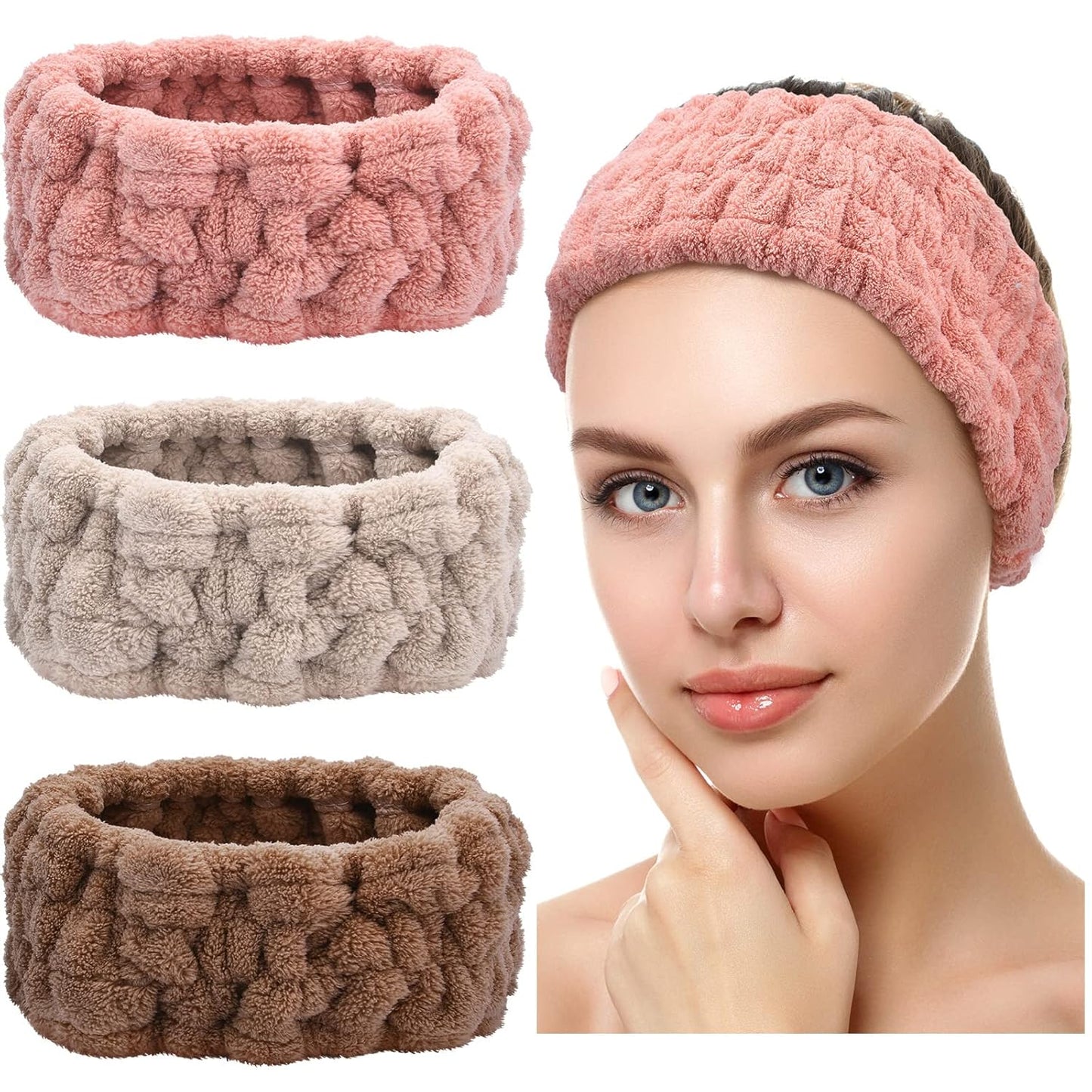 Chuangdi 3 Pieces Spa Headband for Women Facial Makeup Headband Soft Terry Cloth Hairband for Washing Face Mask Spa Shower Gifts(Pink, Gray, Dark Brown)