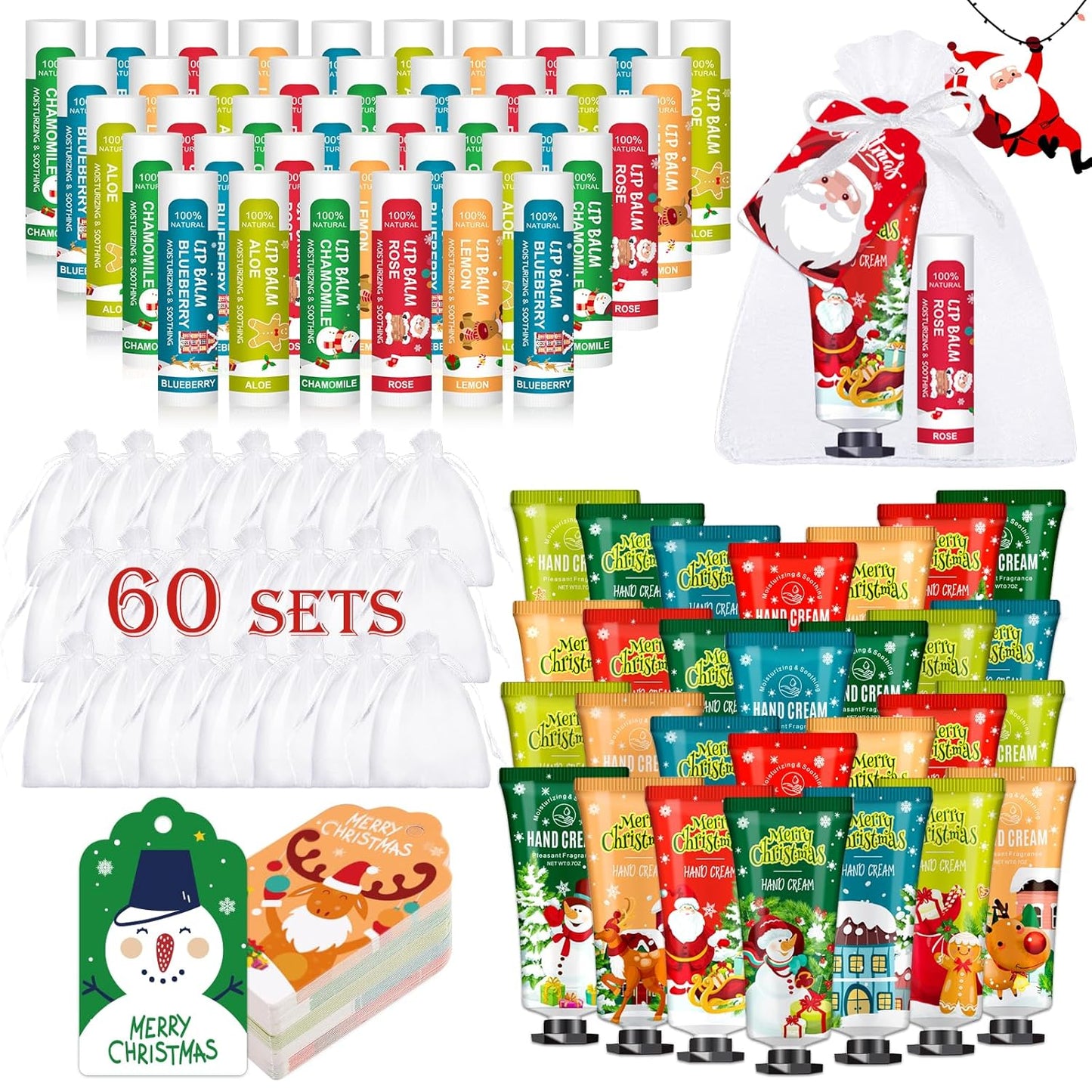 60 Pack Christmas Hand Cream and Lip Balm Set, Stocking Stuffers for Women, Bulk Hand Lotion for Christmas Gifts, Christmas Party Favors, Party Supplies and Christmas Decorations