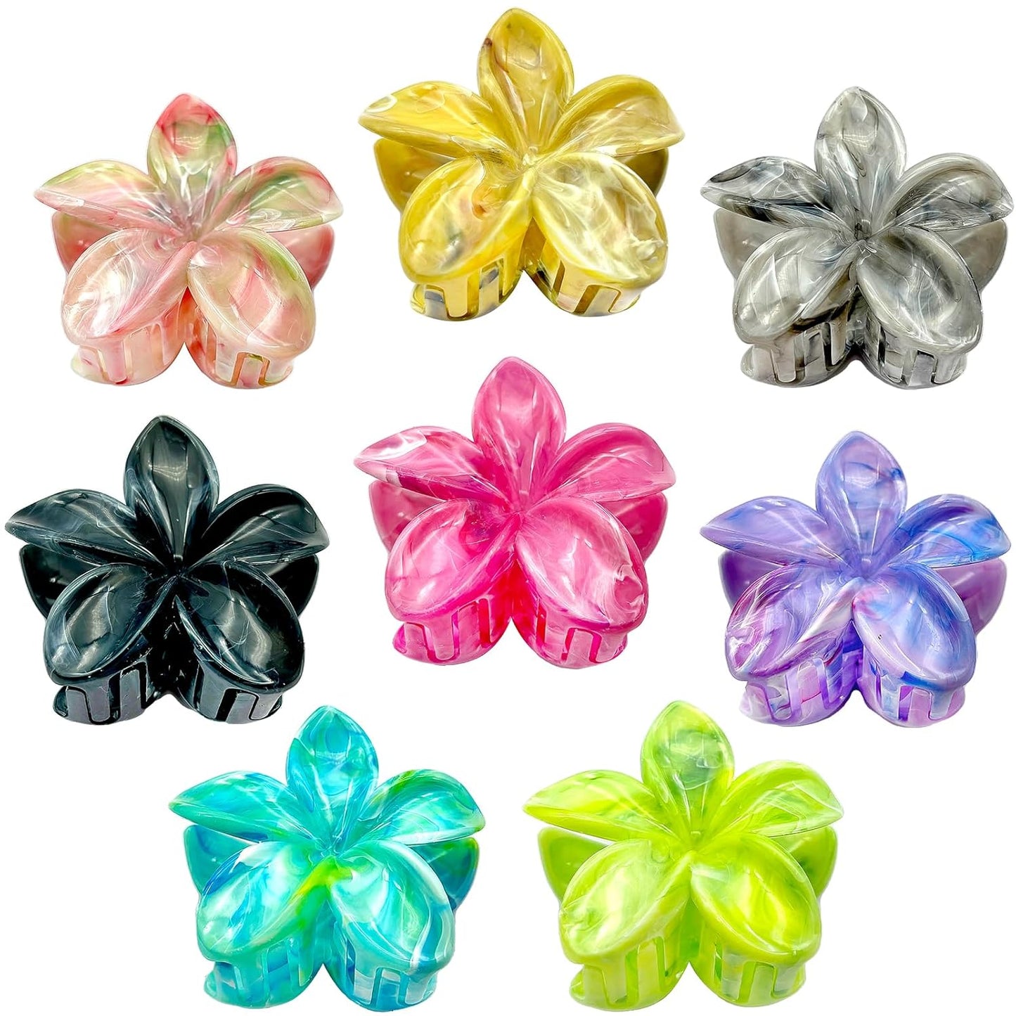 Flower Hair Claw Clips for Women, 8 Pack Hawaiian Flower Hair Clips, Plumeria Claw Clips for Thick Thin Hair, Large Strong Hold Nonslip Hawai Hair Accessories for Women Girls Gifts(Marbling-8 Colors)