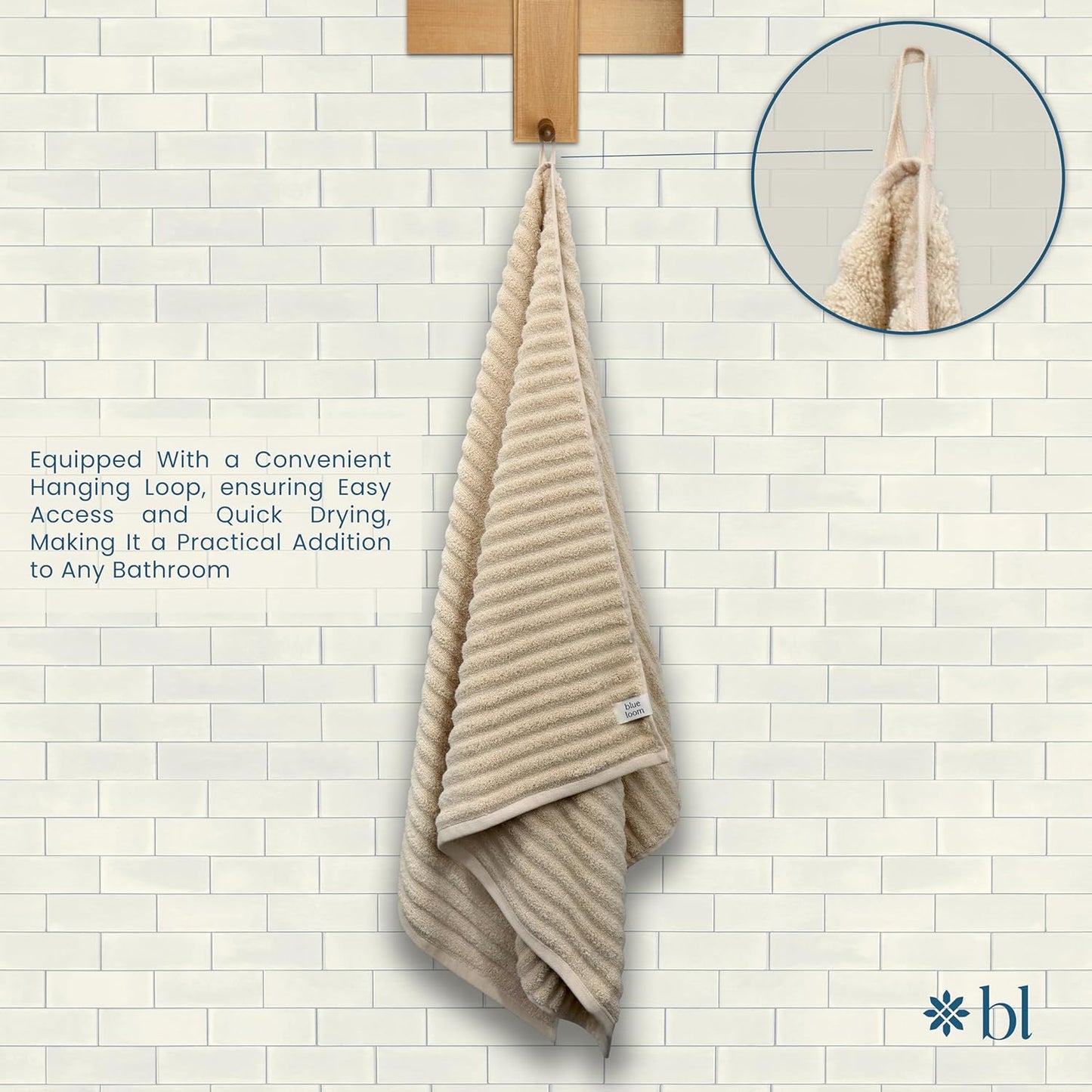 Blue Loom Ribbed Bath Towels Set, 100% Cotton 600 GSM, Soft Absorbent Durable Quick Drying 2 Bath Towels for Bathroom - Mason Set of 2 Ivory Beige (58" x 30" Inch)