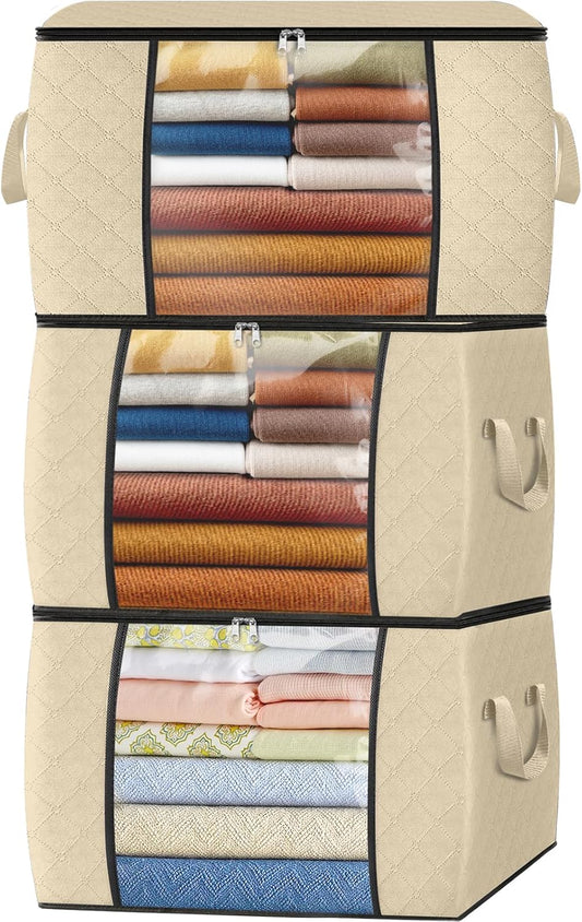 Fab totes 24 Gallons Clothes Storage, Foldable Thick Fabric Blanket Storage Bags, Containers for Organizing Bedroom, Closet, Clothing, Comforter, Organization with Handle (3 Pack,Beige)