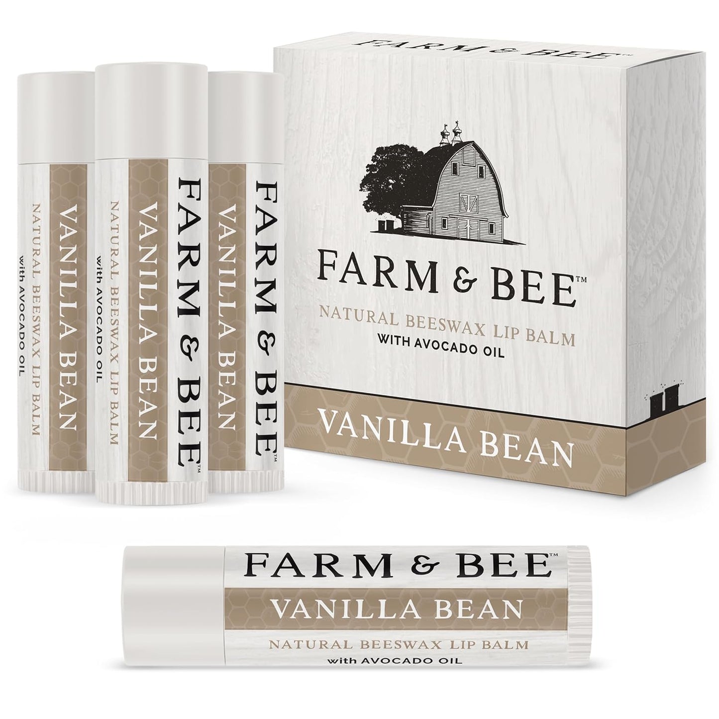 Natural Lip Balm - Organic & Natural Ingredients - Beeswax Based Moisturizing Lip Care Chapstick for Chapped Lips - Great Gift Idea - Farm & Bee - 0.15oz (Pack of 4 - Vanilla Bean)
