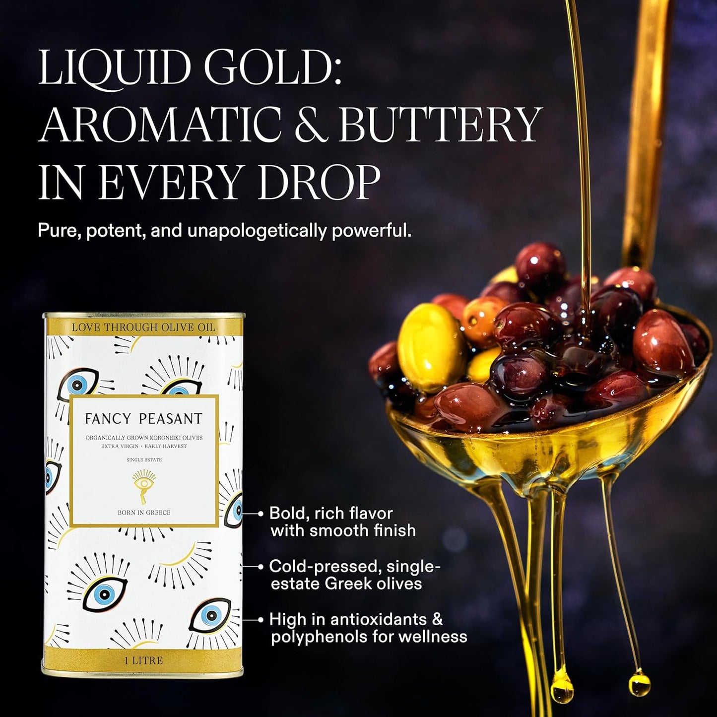 Fancy Peasant Everything Olive Oil, 1L Tin of Greek Extra Virgin Olive Oil, Polyphenol Rich EVOO with Olives from Greece