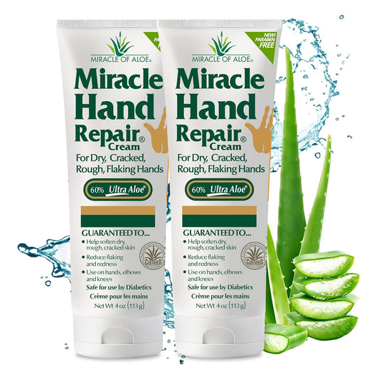 Miracle Hand Repair Cream for Dry Cracked Hands 4 oz Best Healing Hand Cream with 60% Aloe Vera - Non-Greasy Moisturizer for Working Hands - Fast Absorbing Lotion for Extremely Dry Skin (2-Pack)