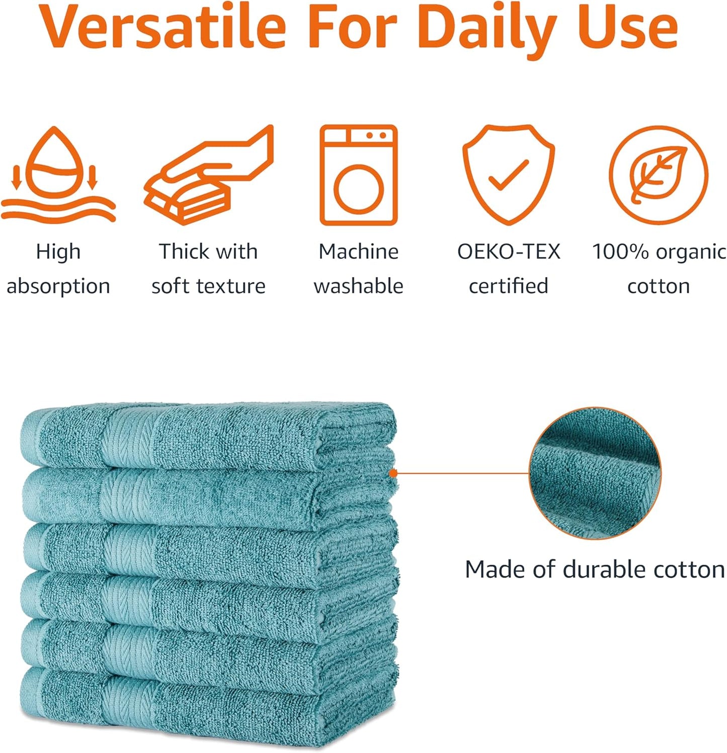 Amazon Basics Fade-Resistant 100% Cotton Hand Towel, 6 Pack, 16"x26", Teal Green