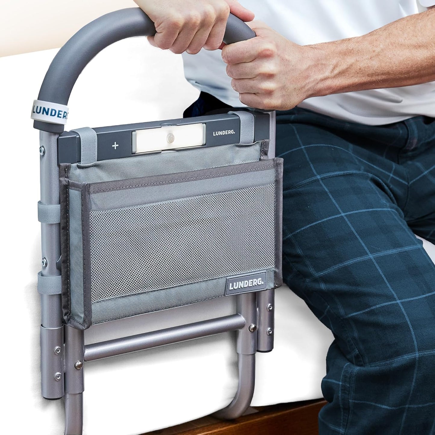 Lunderg Bed Assist Rail for Seniors with Motion-Activated Light & Storage Pocket - Easy to Install Bed Rails for Elderly Adults Safety & Post-Surgery - Helps Reduce Falls & Support Independence