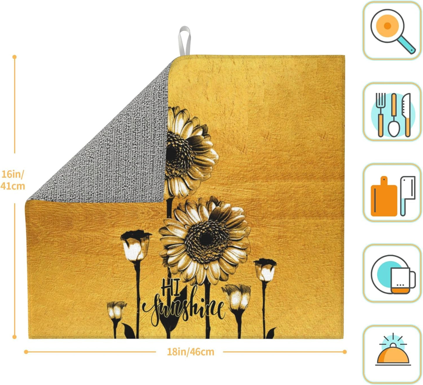 Sunflower Dish Drying Mat for Kitchen Counter Black Gold Washable Absorbent Reversible Microfiber Modern Drying Pad Kitchen Accessories 16x18 Inch