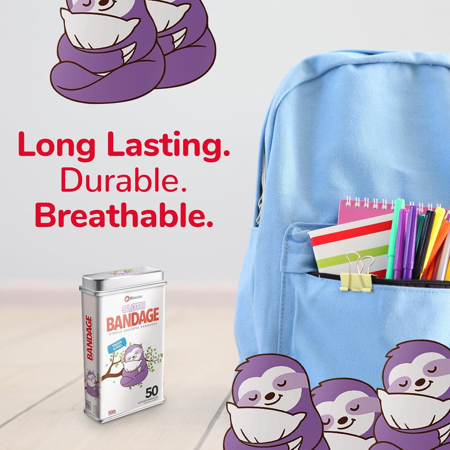 BioSwiss Kids Bandages, Sloth Shaped Self Adhesive Bandage Set, Latex Free, Sterile Wound Care, 50 Count