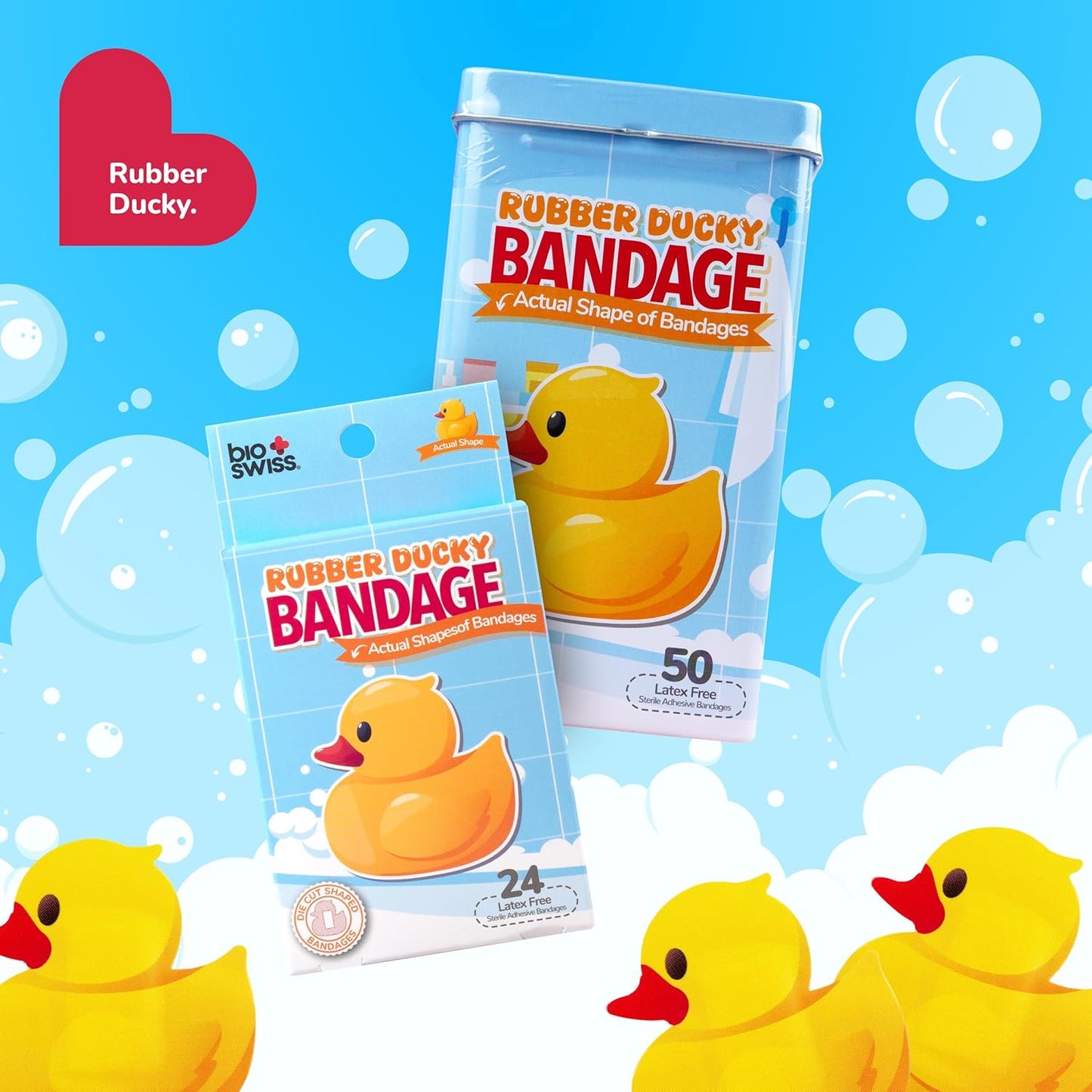 BioSwiss Kids Bandages, Rubber Ducky Shaped Self Adhesive Bandage, Latex Free, Sterile Wound Care, 50 Count
