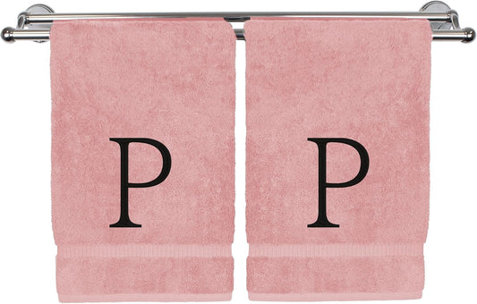 Monogrammed Hand Towel, Personalized Initial Gift, Extra Absorbent 100% Turkish Cotton - Soft Terry Finish - Set of 2 - Black Block Initial P - Embroidered on Pink Towels