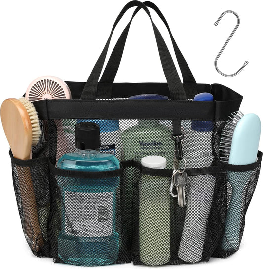 F-color Mesh Shower Caddy Portable, Upgrade Deeper 7 Pockets Shower Bag Basket Tote for College Dorm Room Toiletry Bathroom Essentials Gym Camp Quick Dry 2 handles with S Hook, Black