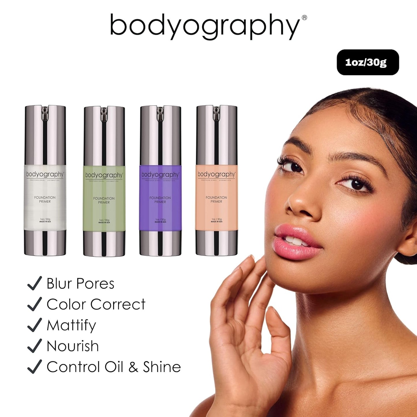BODYOGRAPHY - Foundation Primer (Green): Flawless Anti-Aging Salon Makeup Primer w/Vitamin E, A, Jojoba, Grapeseed Oil | Control Shine | Gluten-Free, Cruelty-Free, 1 oz.