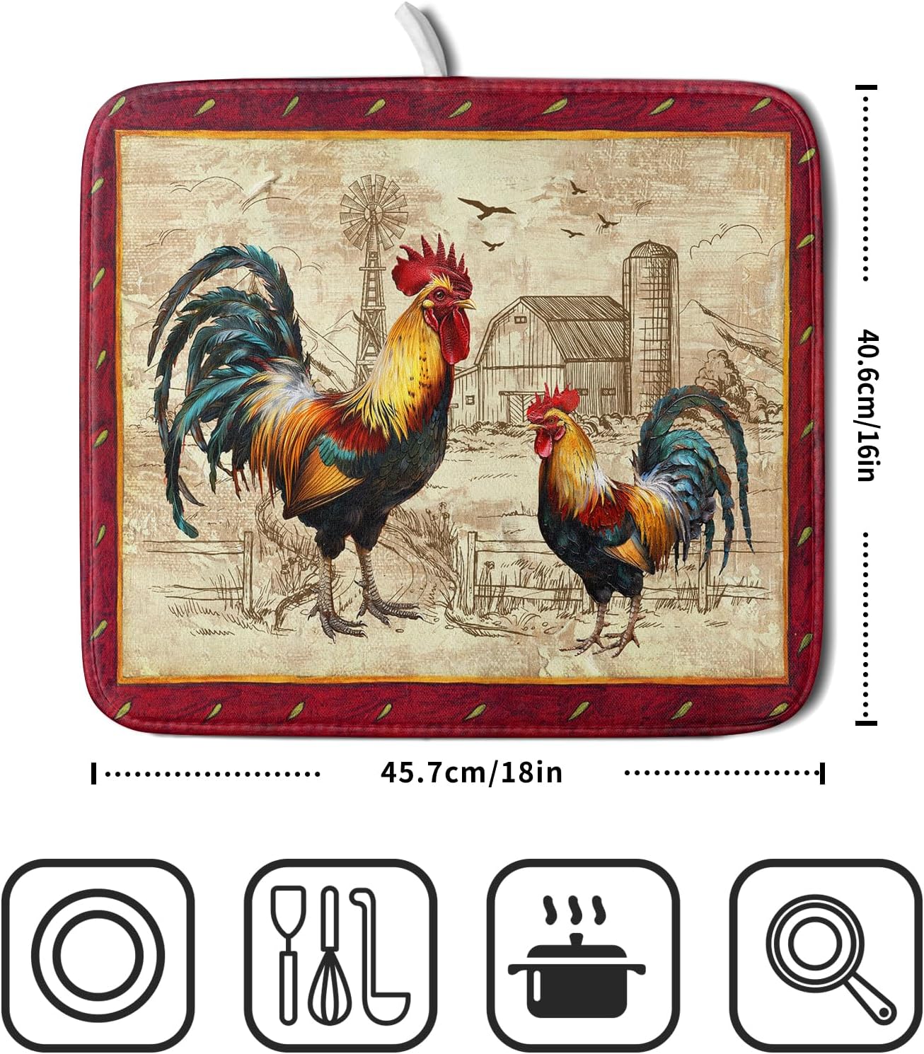 Farm Rooster Dish Drying Mat for Countertop 16x18 Inches Red Rustic Chicken Absorbent Microfiber Dry Dishes Pads Kitchen Counter Accessories