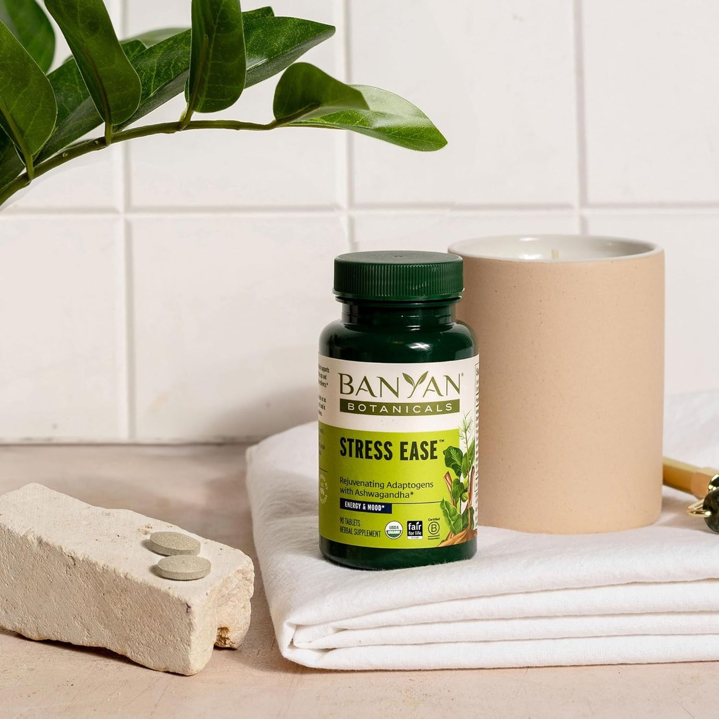 Banyan Botanicals Stress Ease – Organic Herbal Supplement for Stress & Fatigue* – with Ayurvedic Adaptogen Ashwagandha (Withania somnifera) Root – 90 Tablets – Non-GMO Sustainably Sourced Vegan