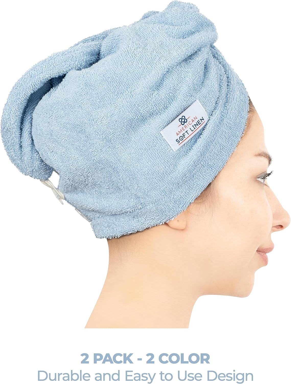 American Soft Linen 100% Cotton Hair Towels for Women, Head Towel Cap, Cotton Hair Turban Towel Wrap, Soft and Absorbent 2 Pack, Light Gray-Sky Blue
